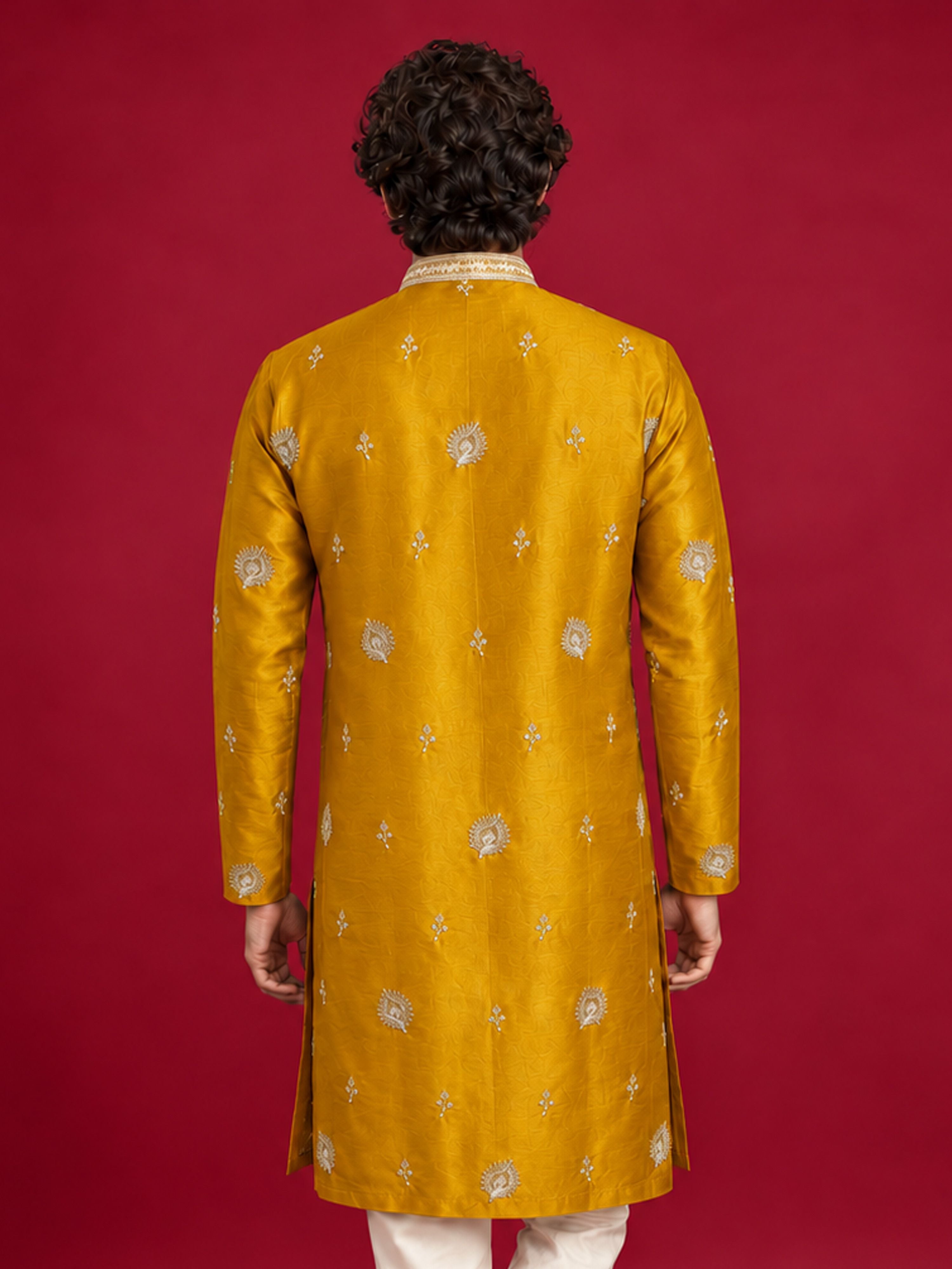 Men's Mustard Silk-Blend Embroidered Knee Length Kurta