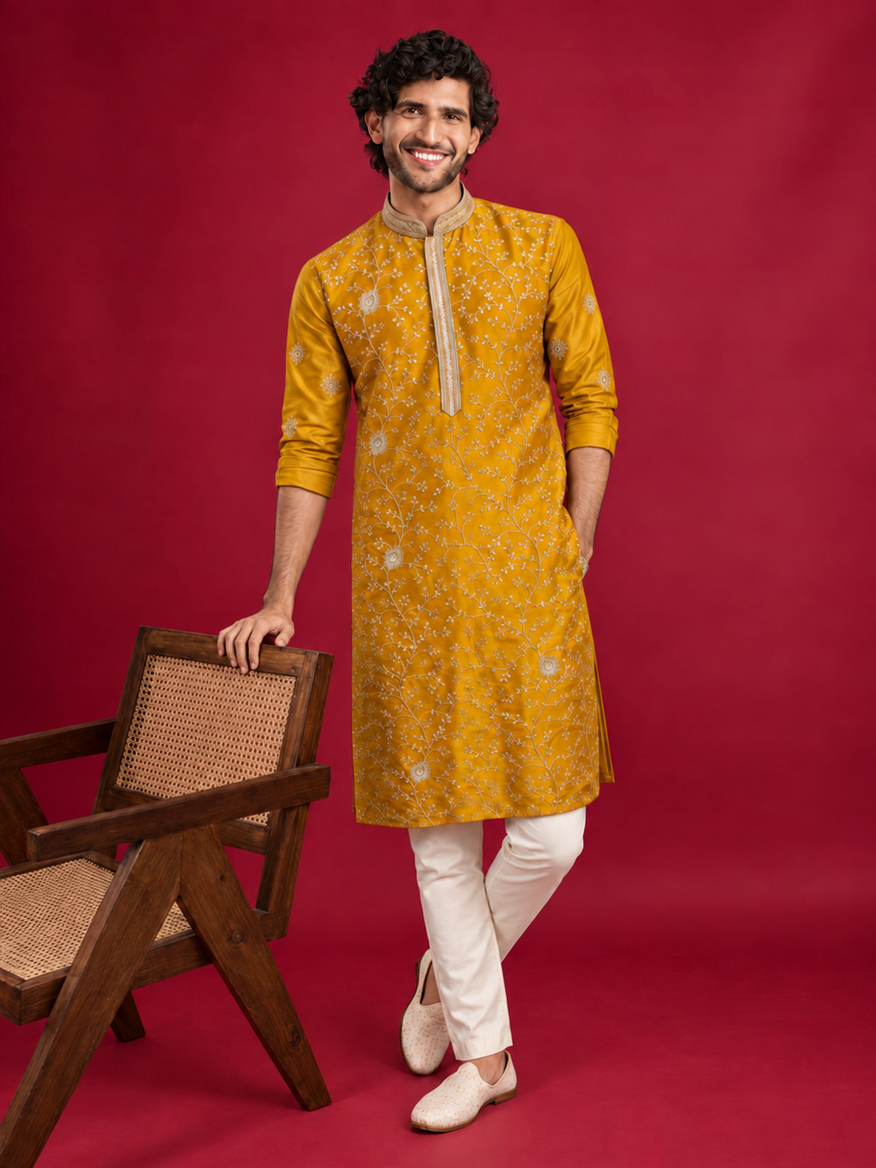 Men's Mustard Silk-Blend Embroidered Knee Length Kurta