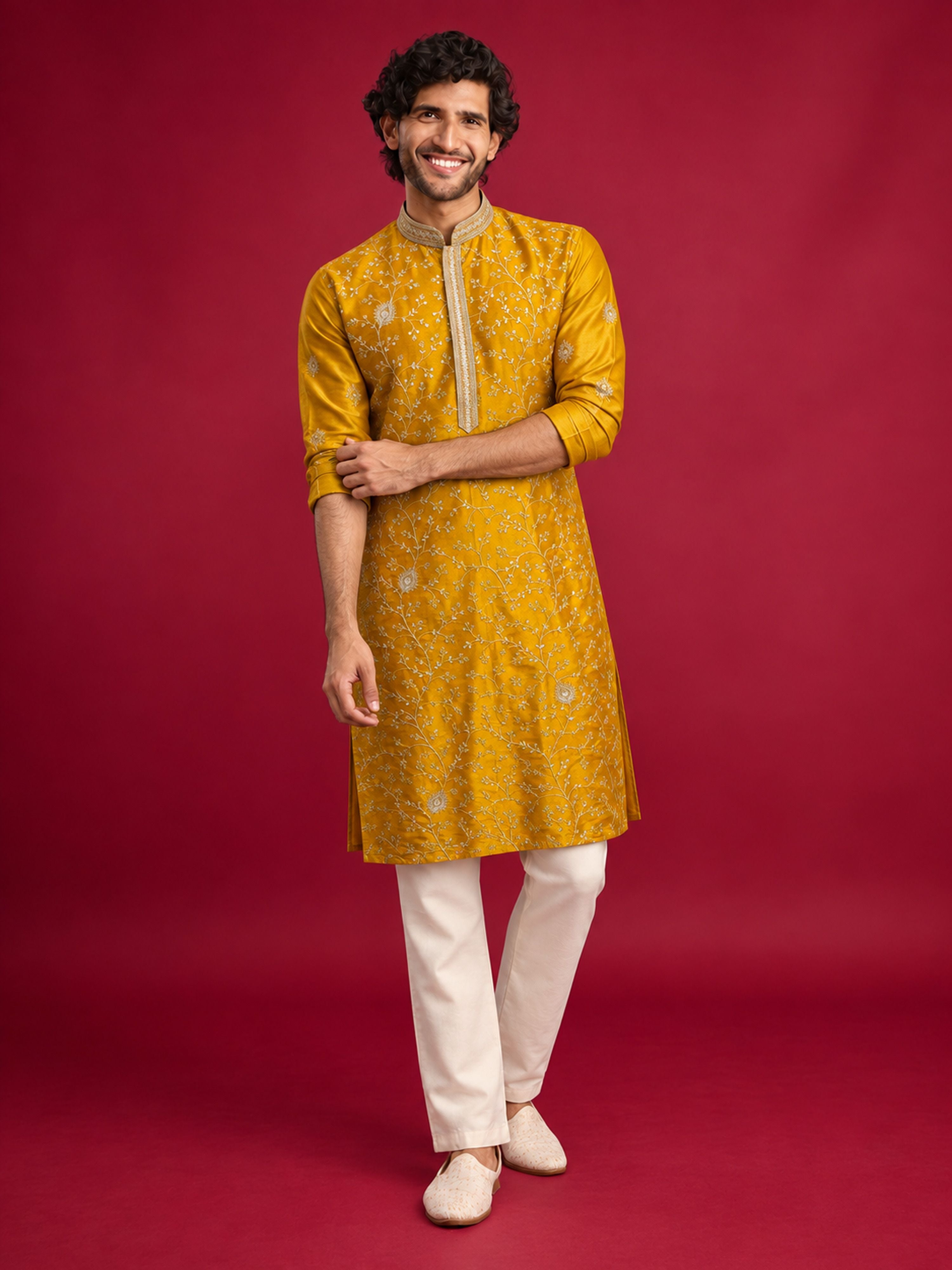 Men's Mustard Silk-Blend Embroidered Knee Length Kurta with Pyjama
