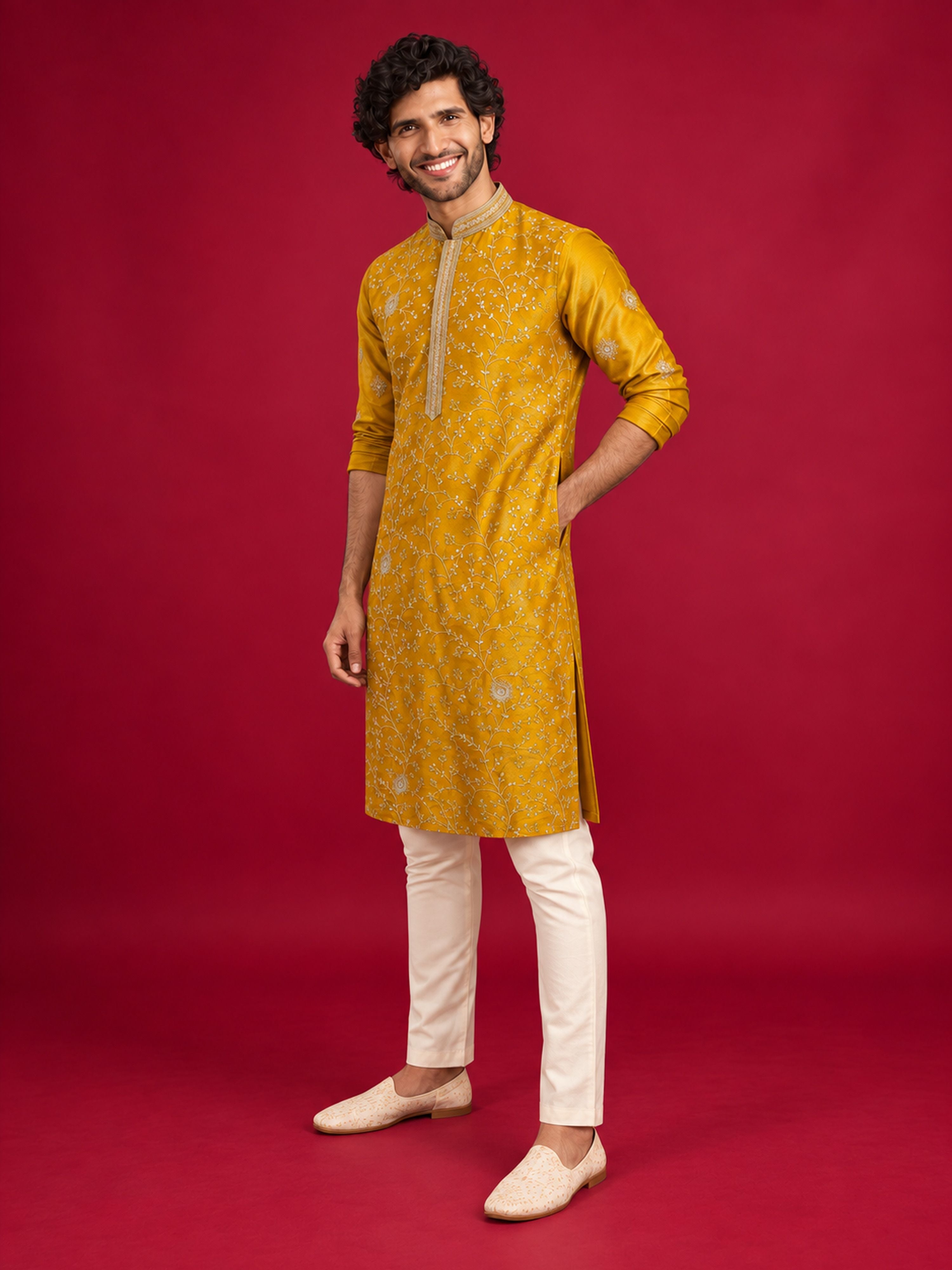 Men's Mustard Silk-Blend Embroidered Knee Length Kurta with Pyjama