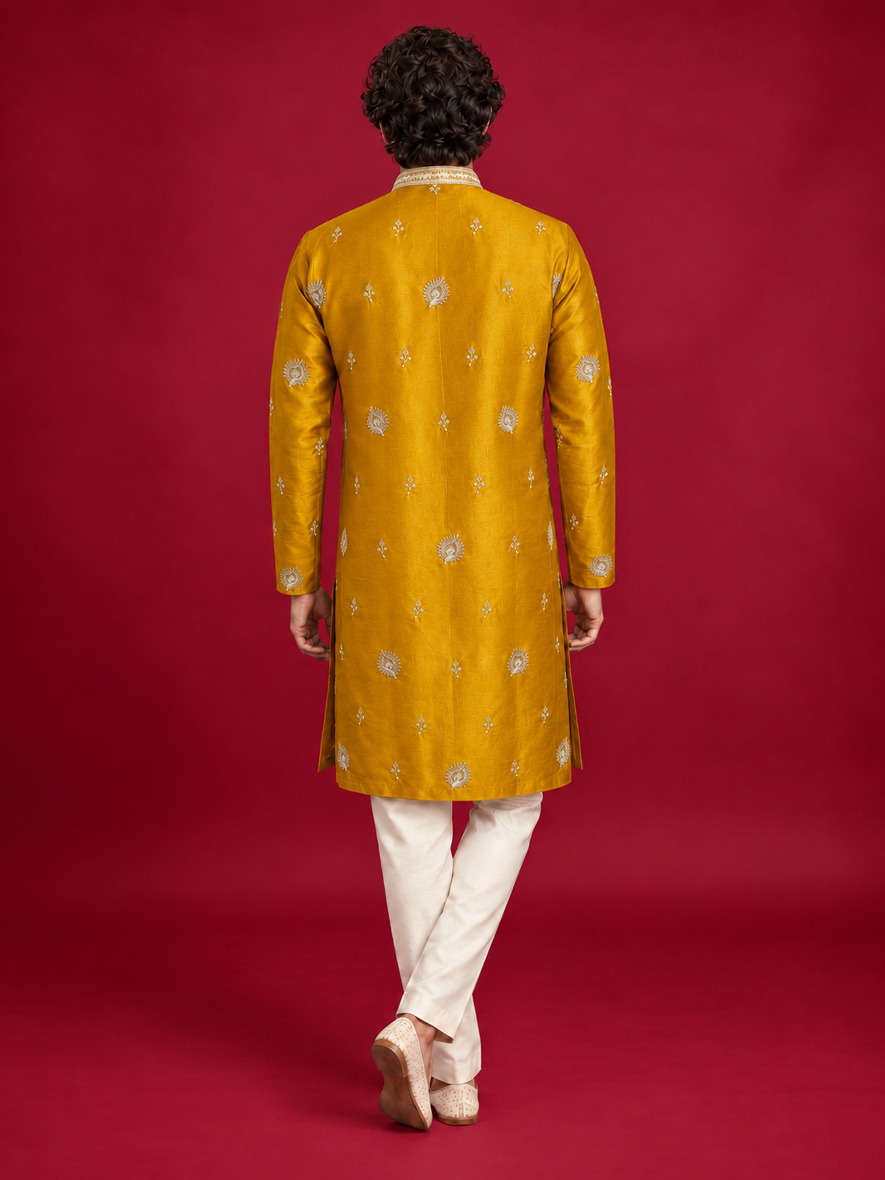 Men's Mustard Silk-Blend Embroidered Knee Length Kurta with Pyjama