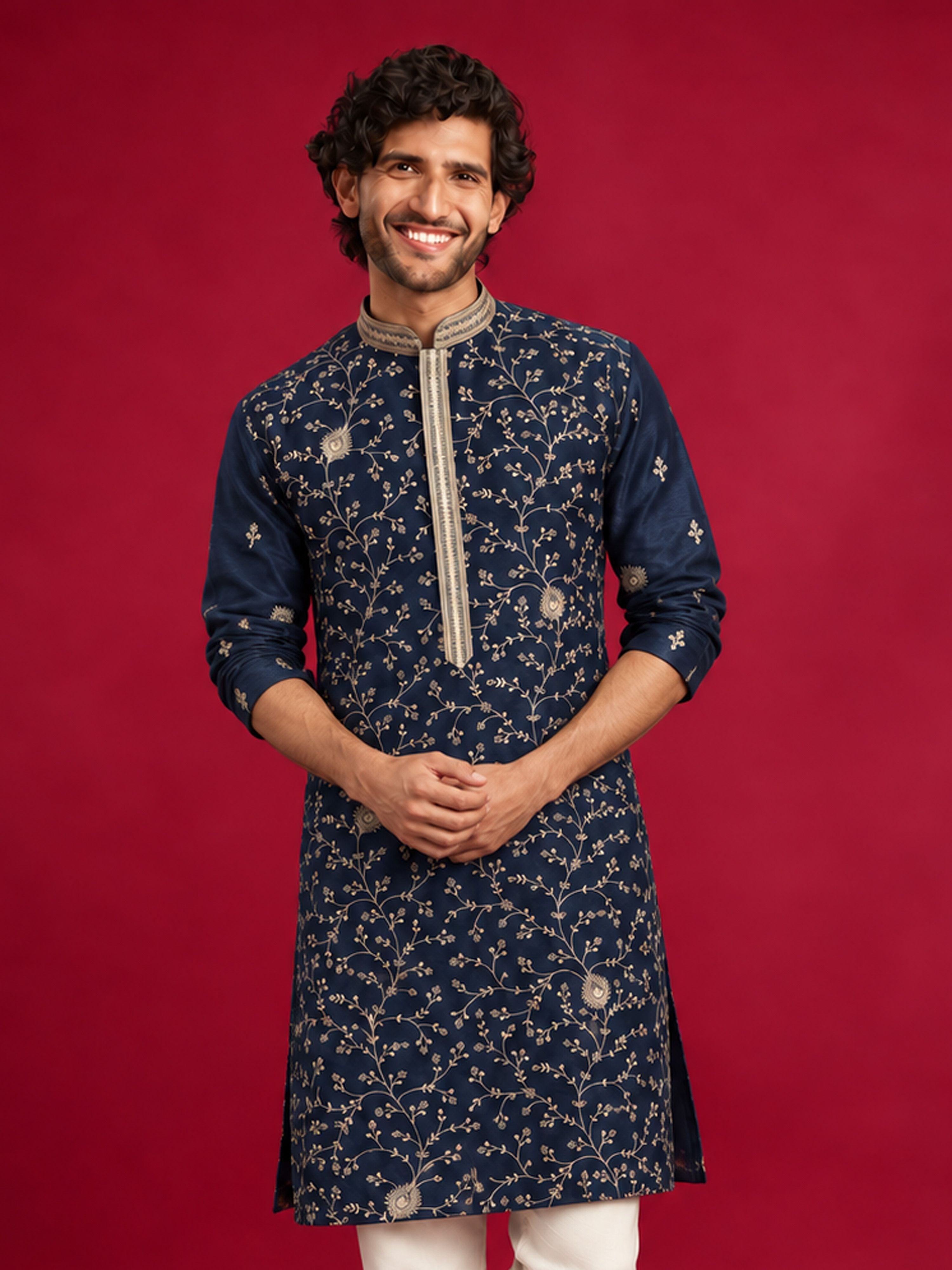 Men Navy Blue Silk Blend Kurta Festive, Diwali Ethnic Wear