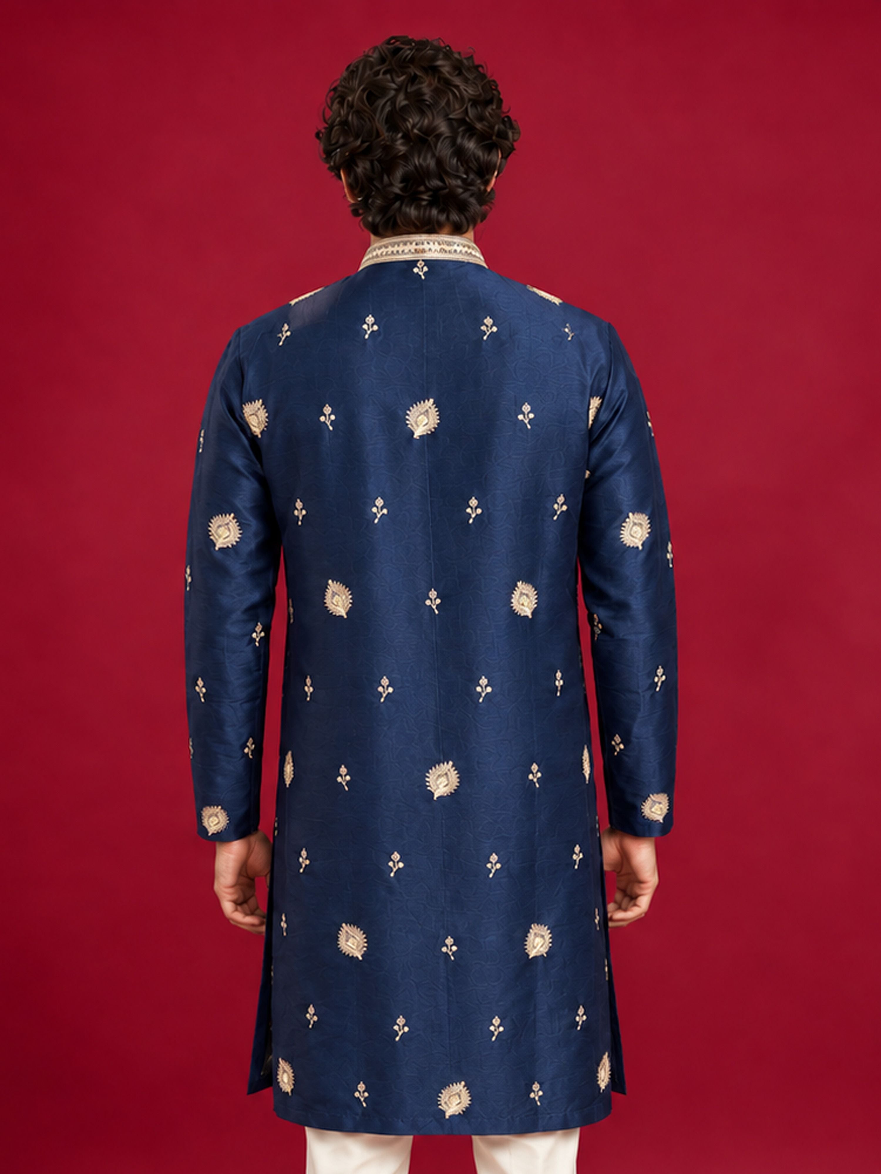 Men's Navy Blue Silk-Blend Embroidered Knee Length Kurta