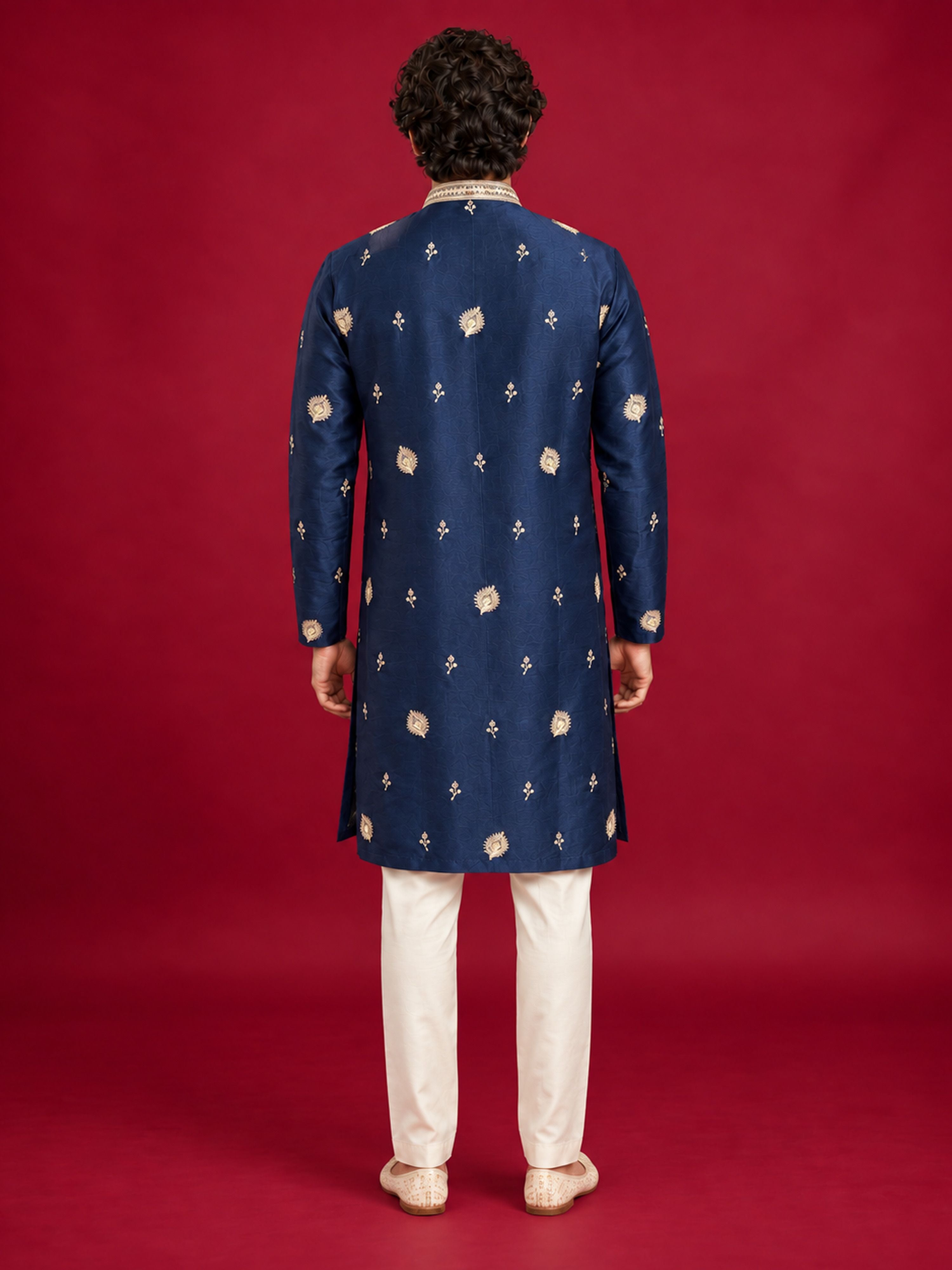 Men's Navy Blue Silk-Blend Embroidered Knee Length Kurta with Pyjama