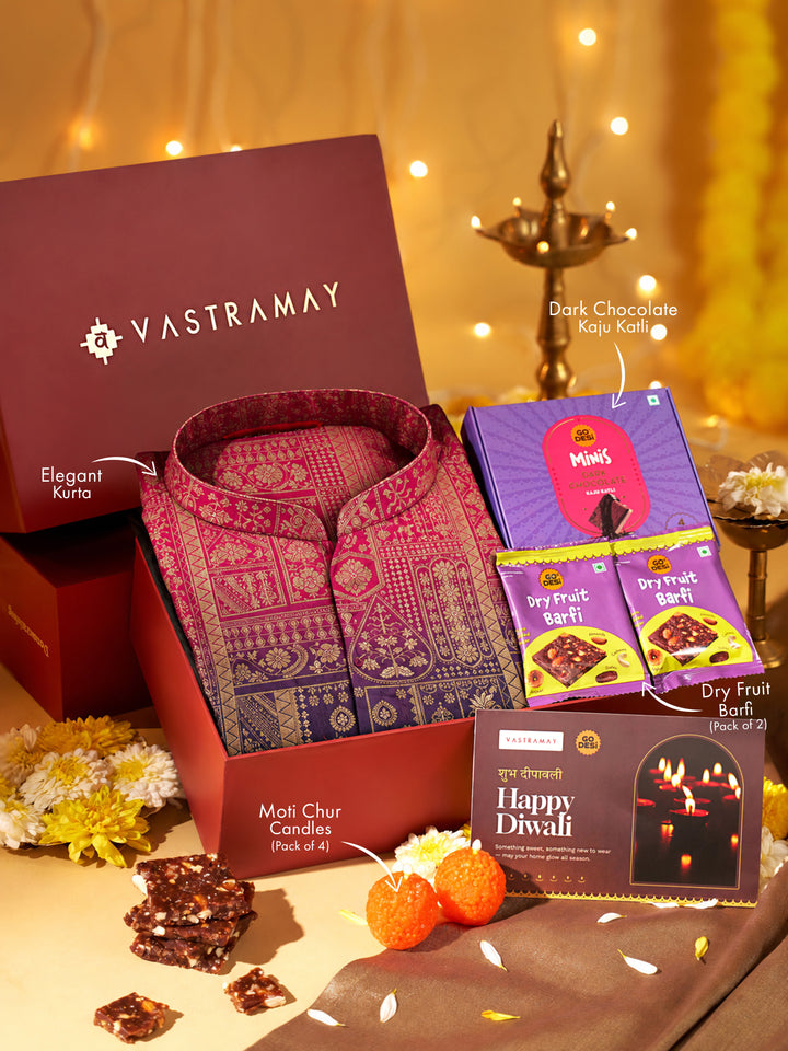Vastramay Falsa Ombre Jacquard Silk Blend Kurta | Diwali Gift Box with Go Desi Mithai &amp; 4 Laddoo Candles