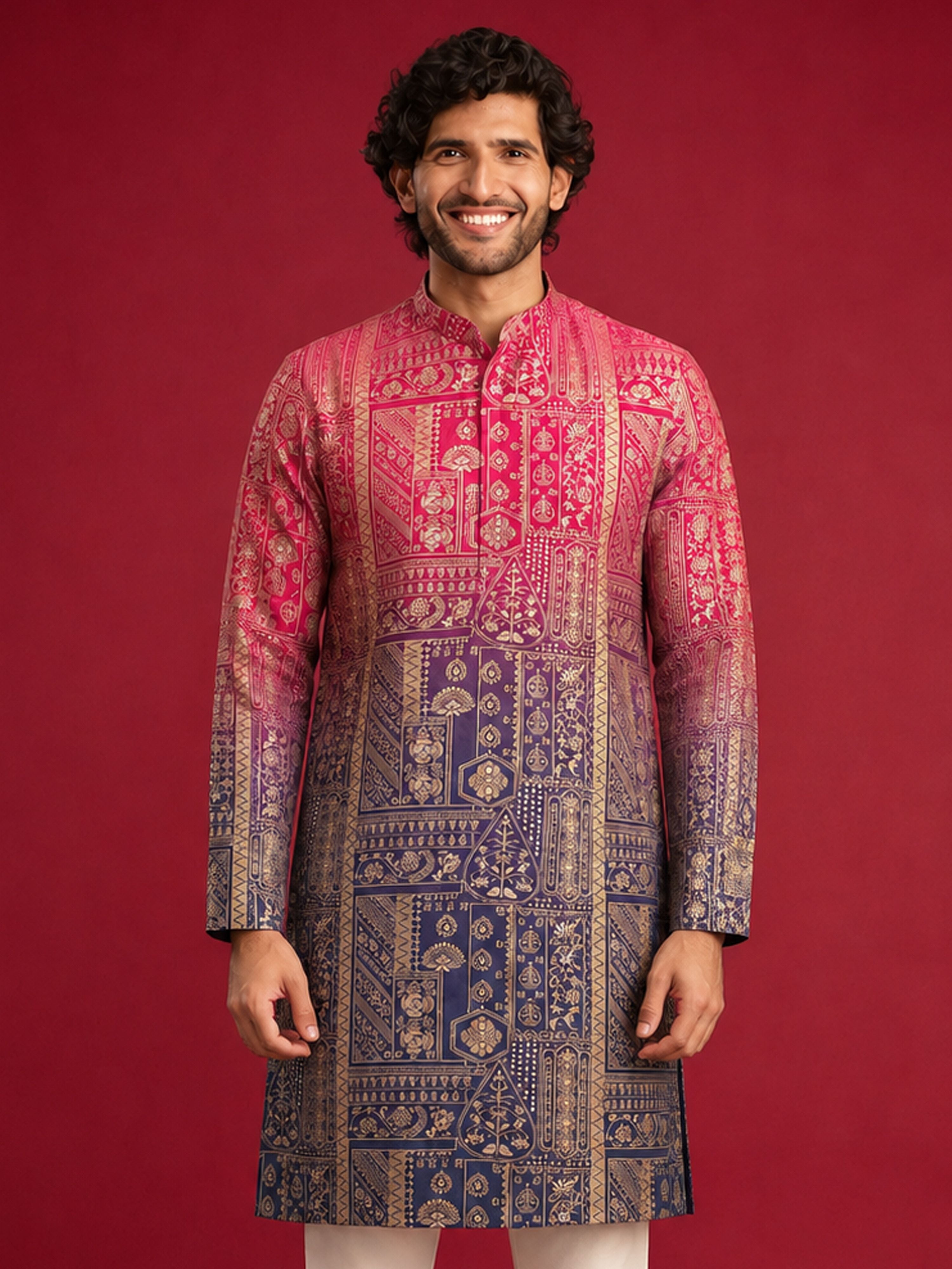 Men Pink Silk Blend Kurta Festive, Diwali Ethnic Wear