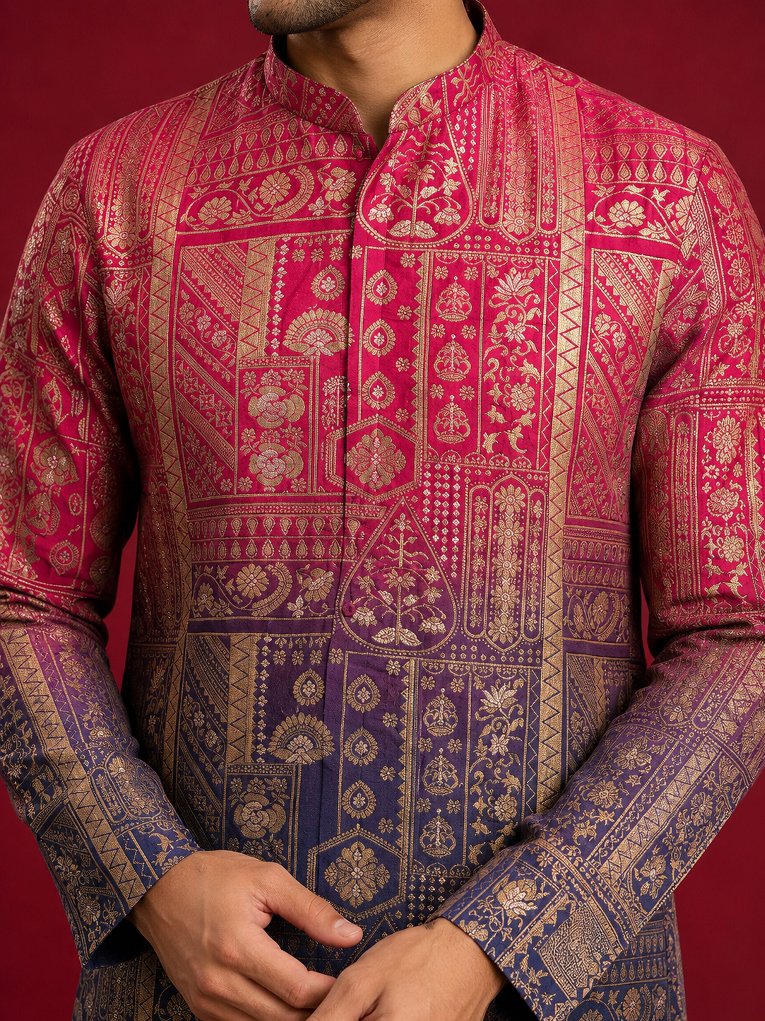 Men's Pink Silk-Blend Ombre Knee Length Kurta