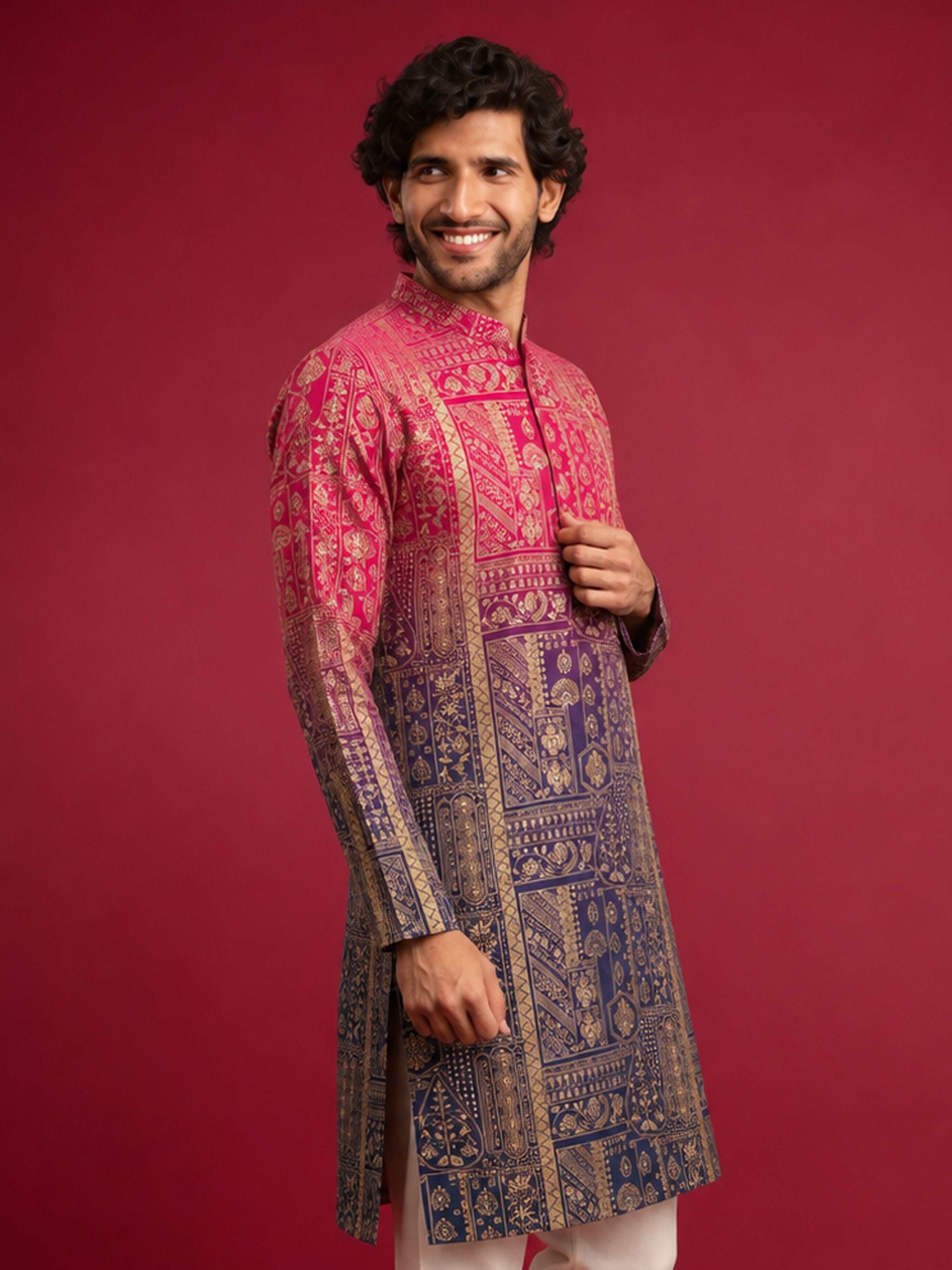 Men's Pink Silk-Blend Ombre Knee Length Kurta