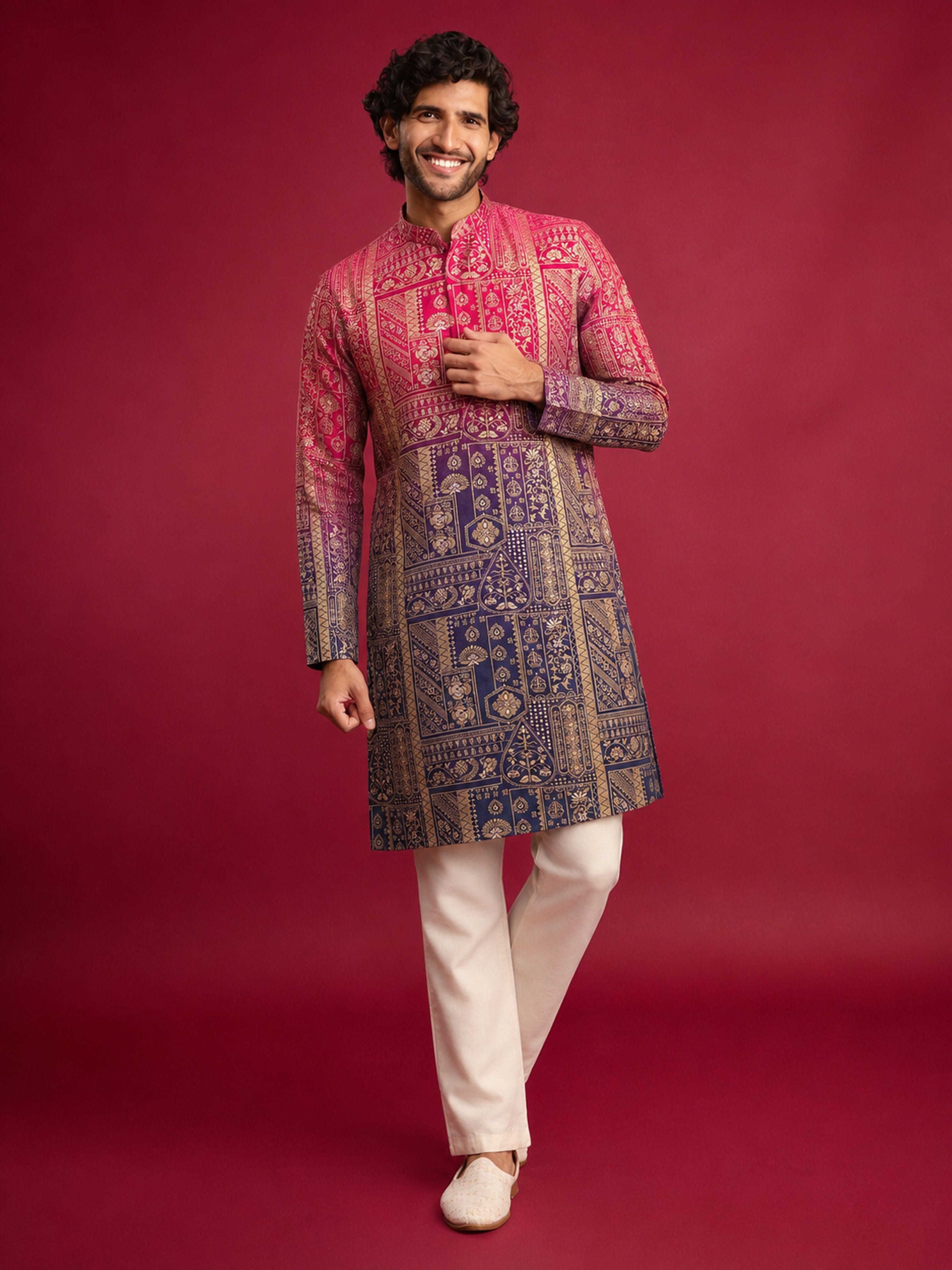 Men Pink Silk Blend Kurta with Pyjama Festive, Diwali Ethnic Wear