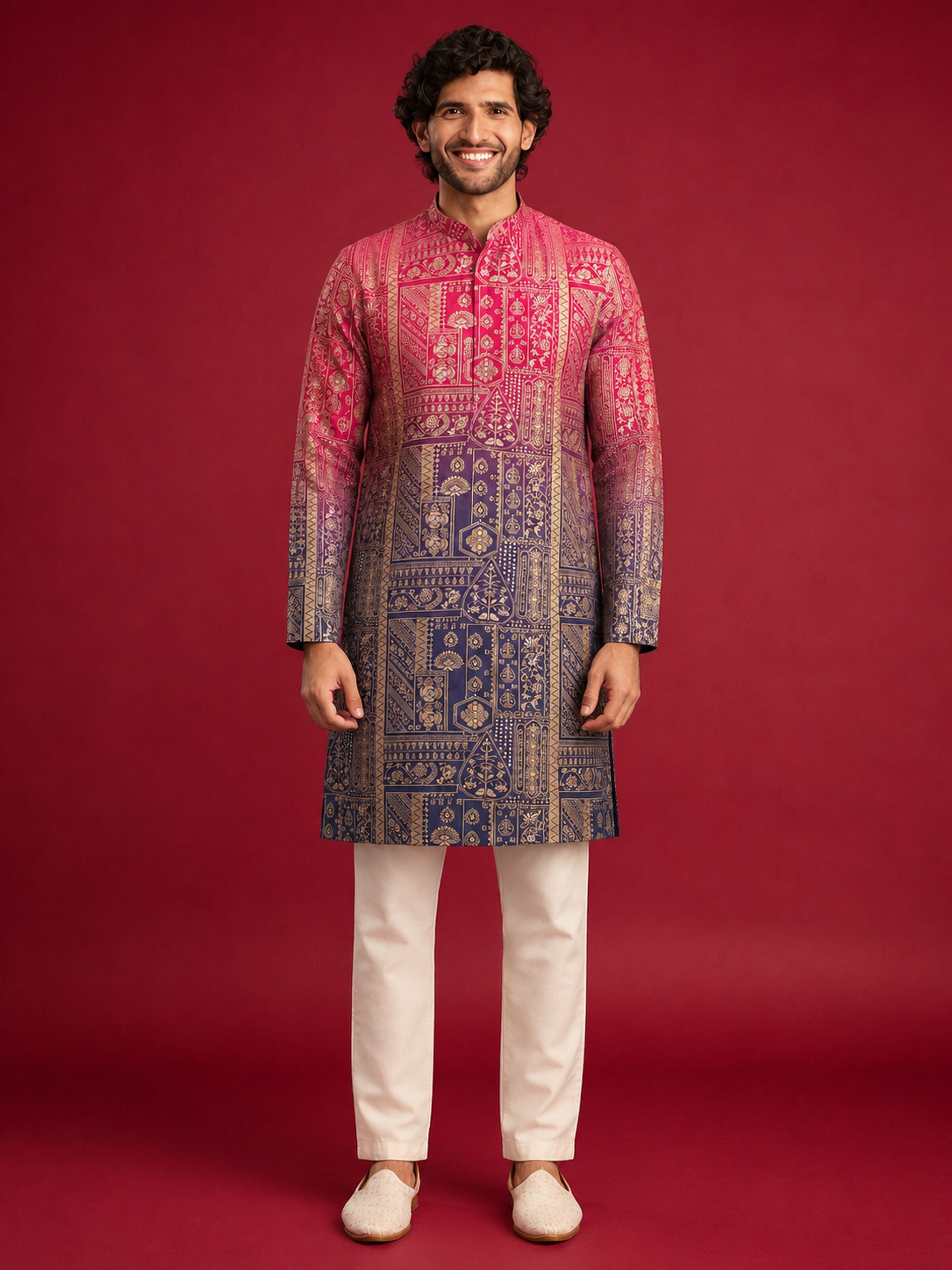 Men's Pink Silk-Blend Ombre Knee Length Kurta with Pyjama