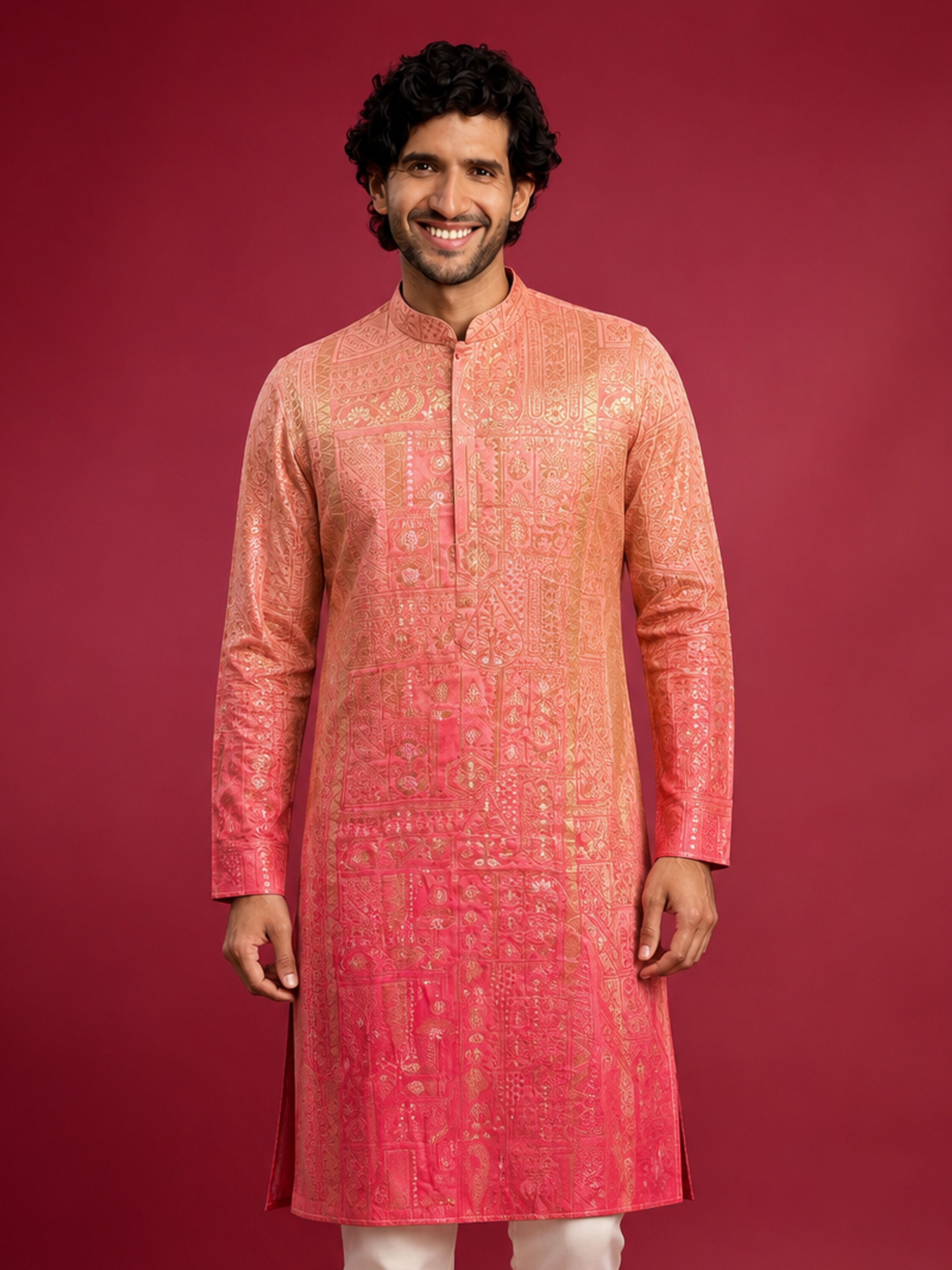 Men Peach Silk Blend Kurta Festive, Diwali Ethnic Wear