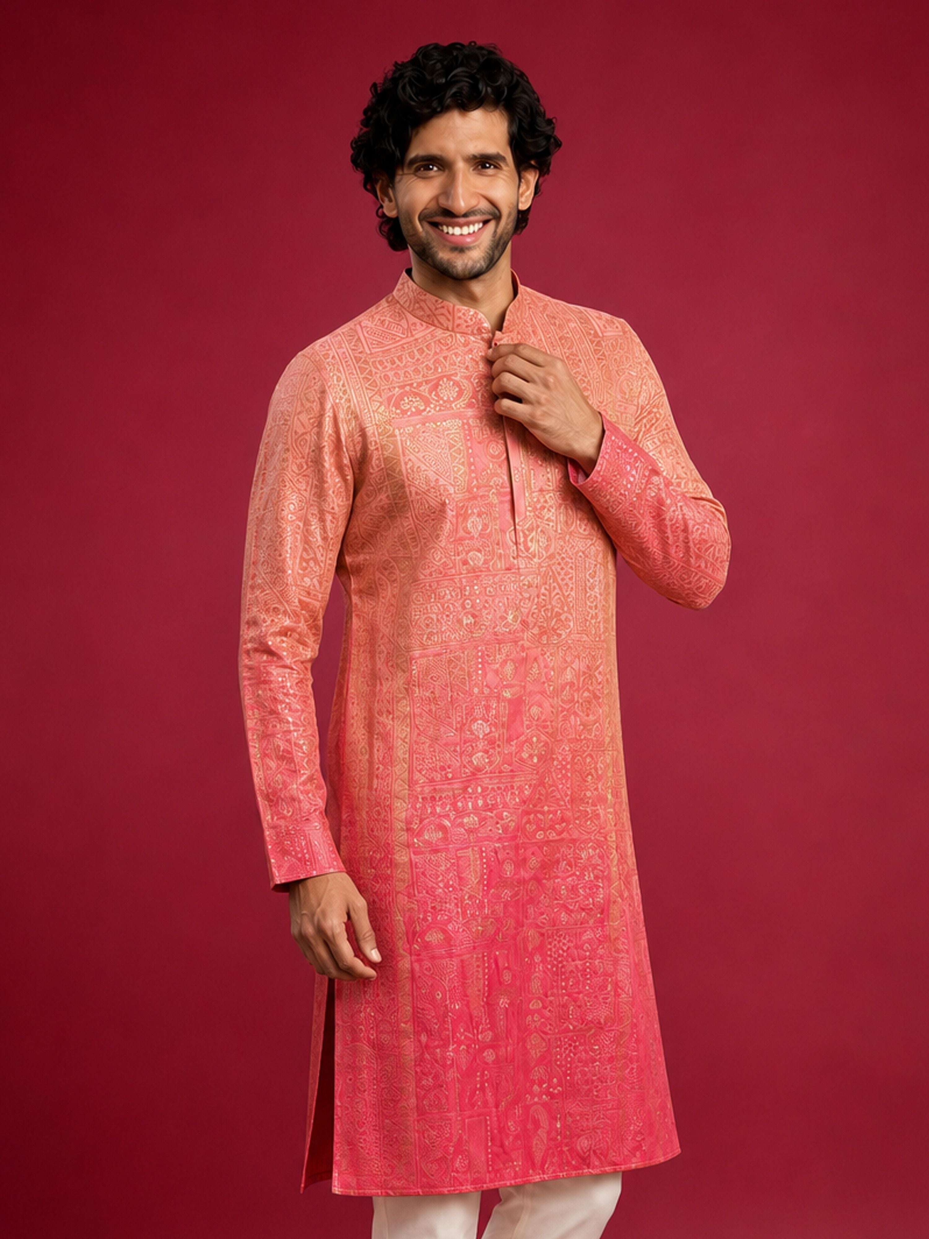 Men's Peach Silk-Blend Ombre Knee Length Kurta
