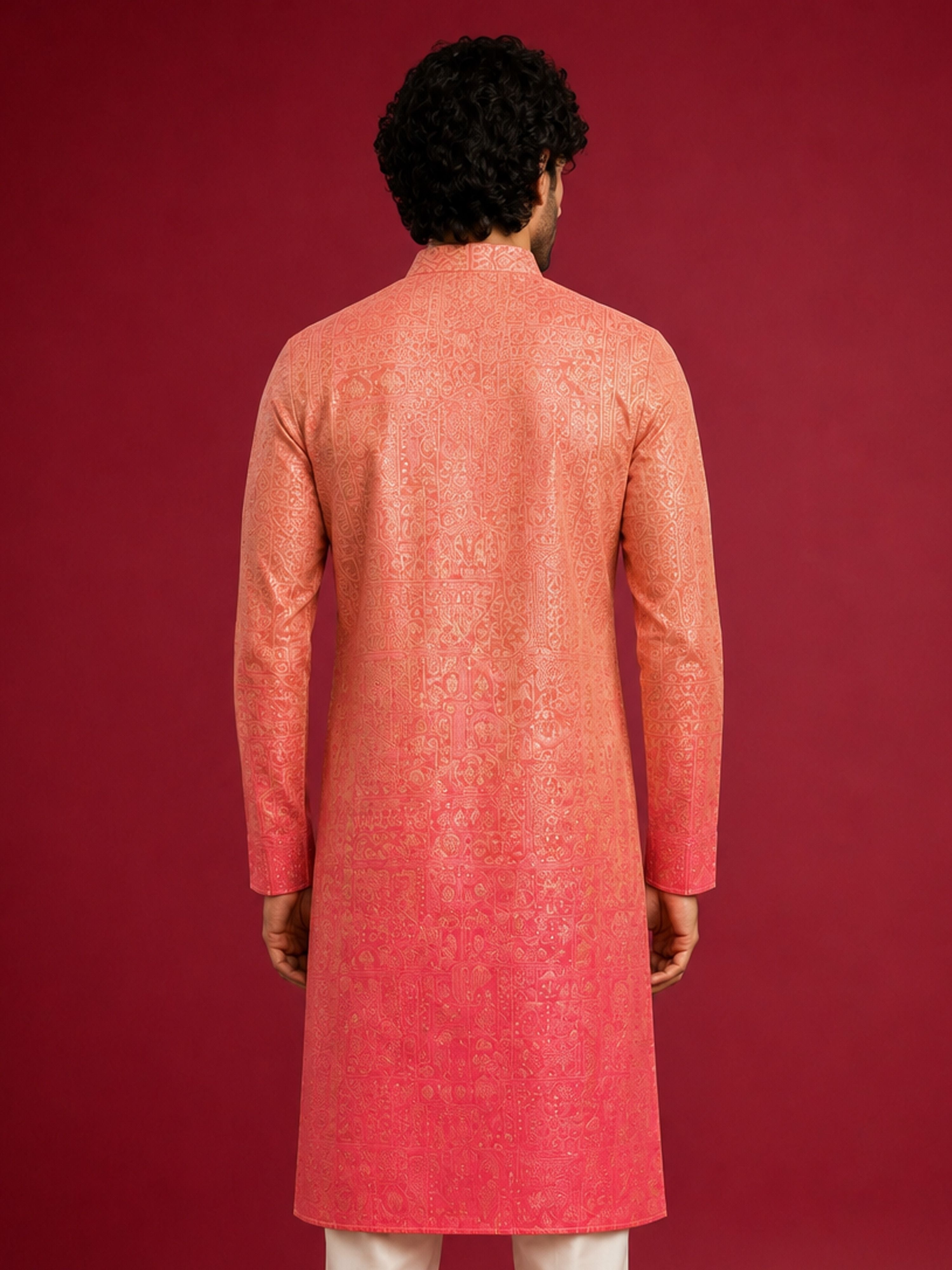 Men's Peach Silk-Blend Ombre Knee Length Kurta