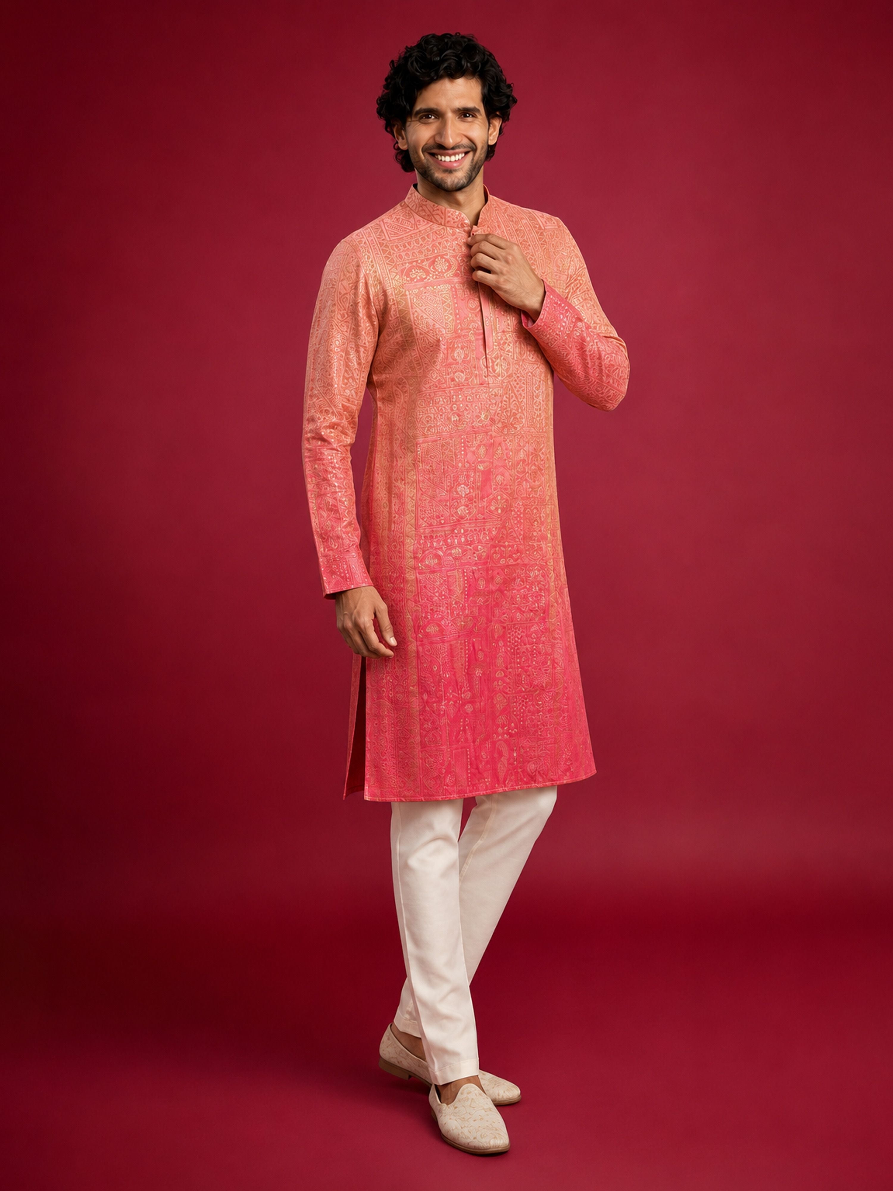 Men's Peach Silk-Blend Ombre Knee Length Kurta with Pyjama