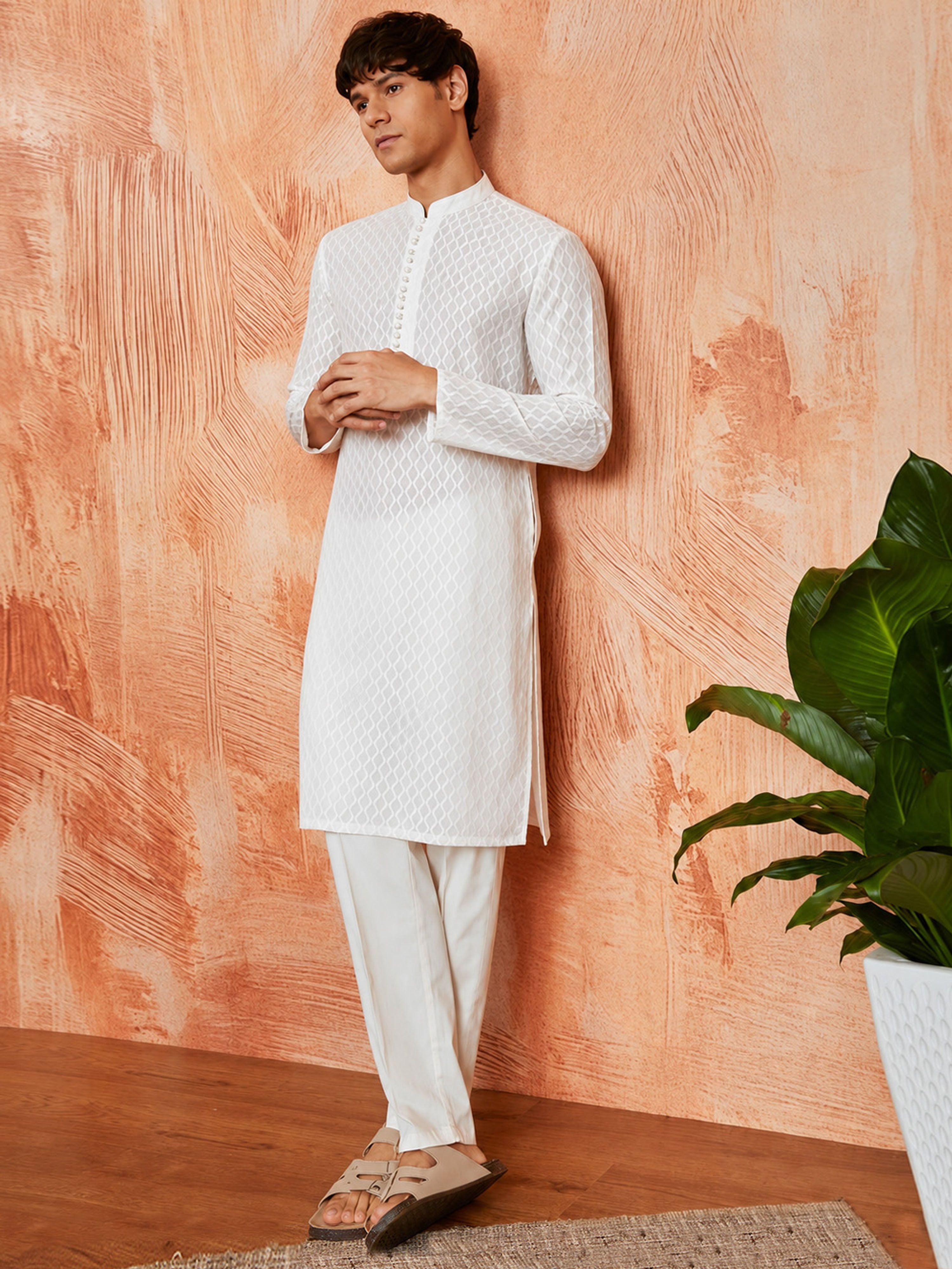 Men's White Pure-Cotton Self Design Knee Length Kurta