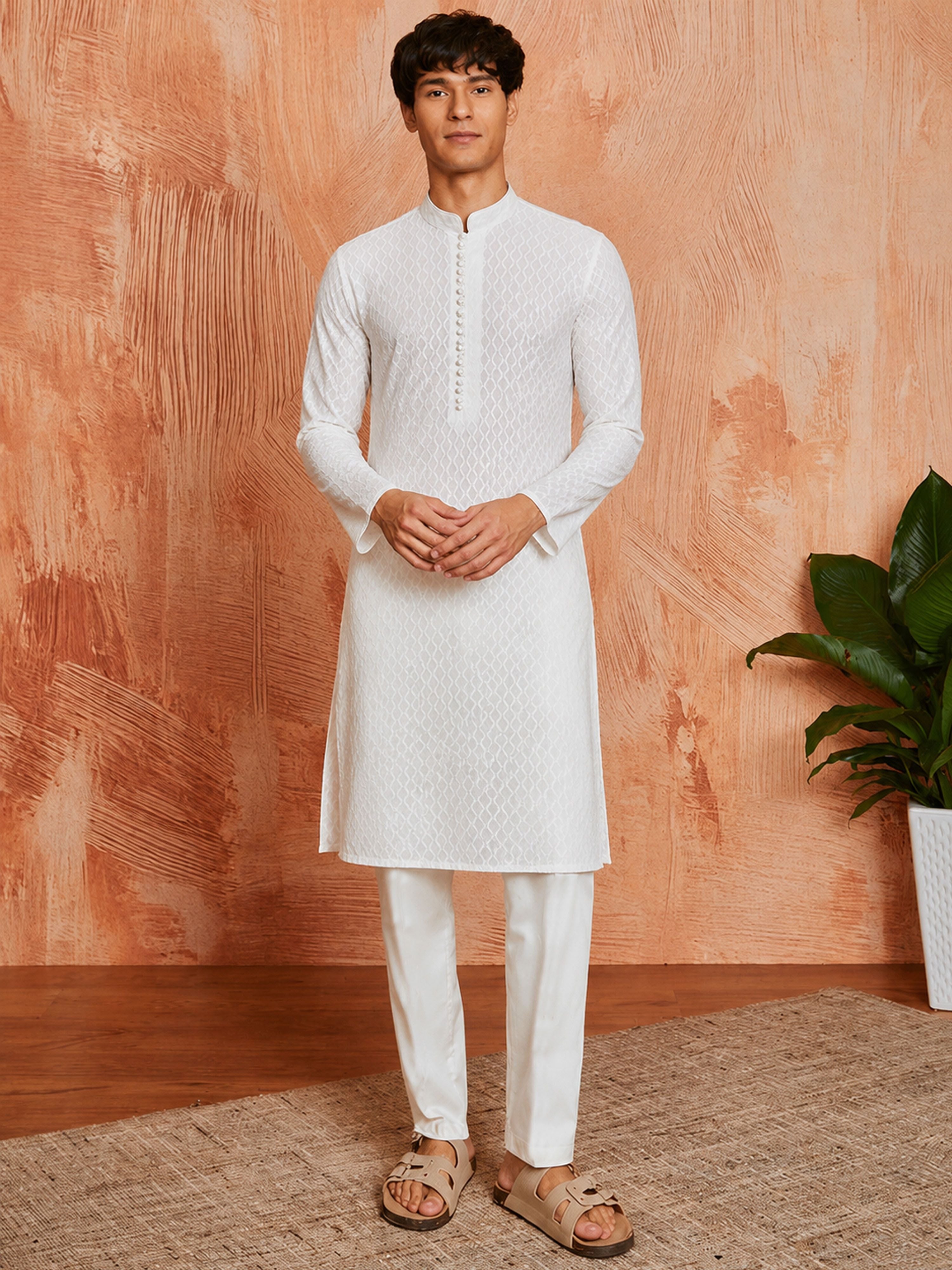 Men's White Pure-Cotton Self Design Knee Length Kurta