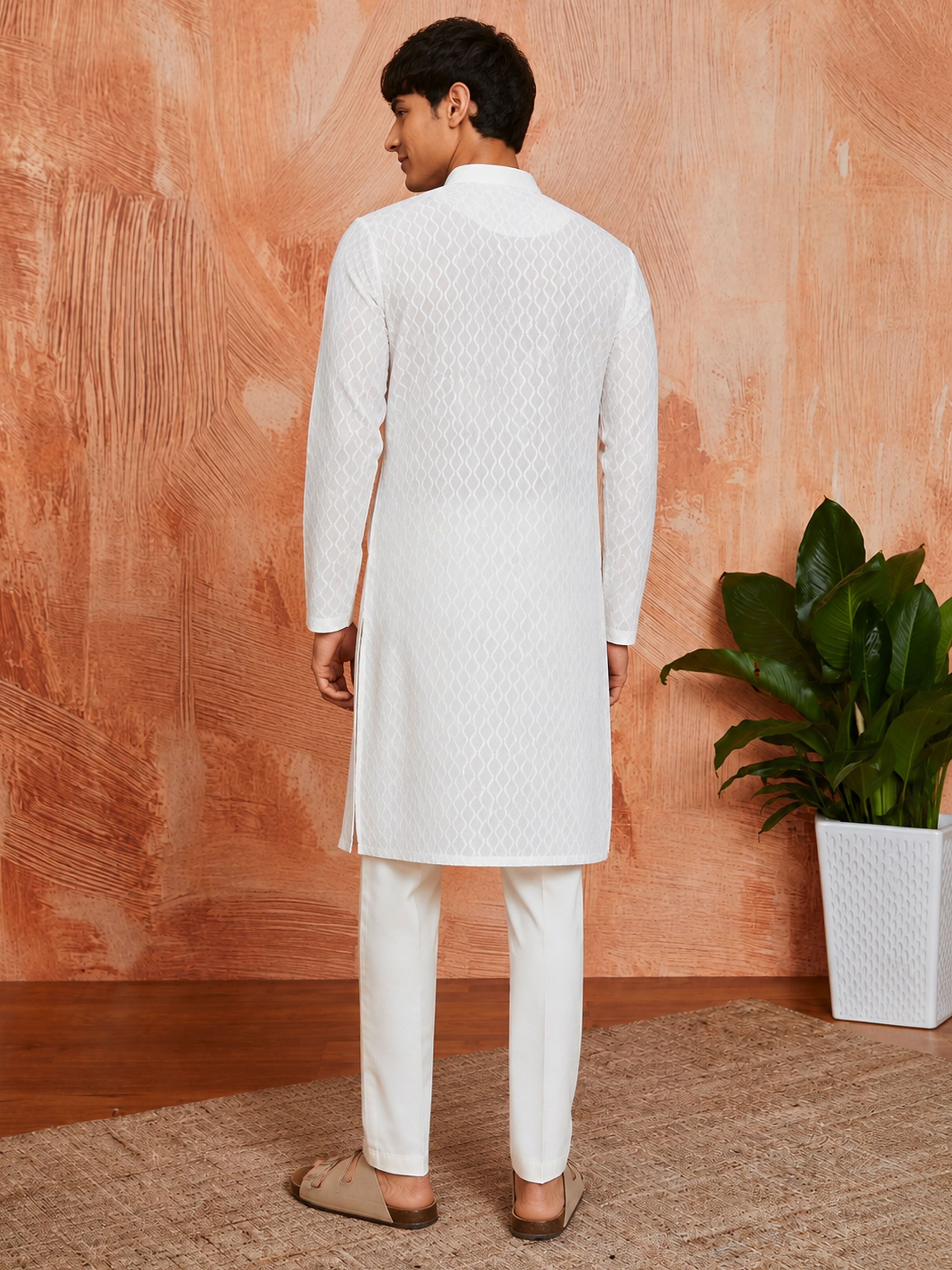Men's White Pure-Cotton Self Design Knee Length Kurta