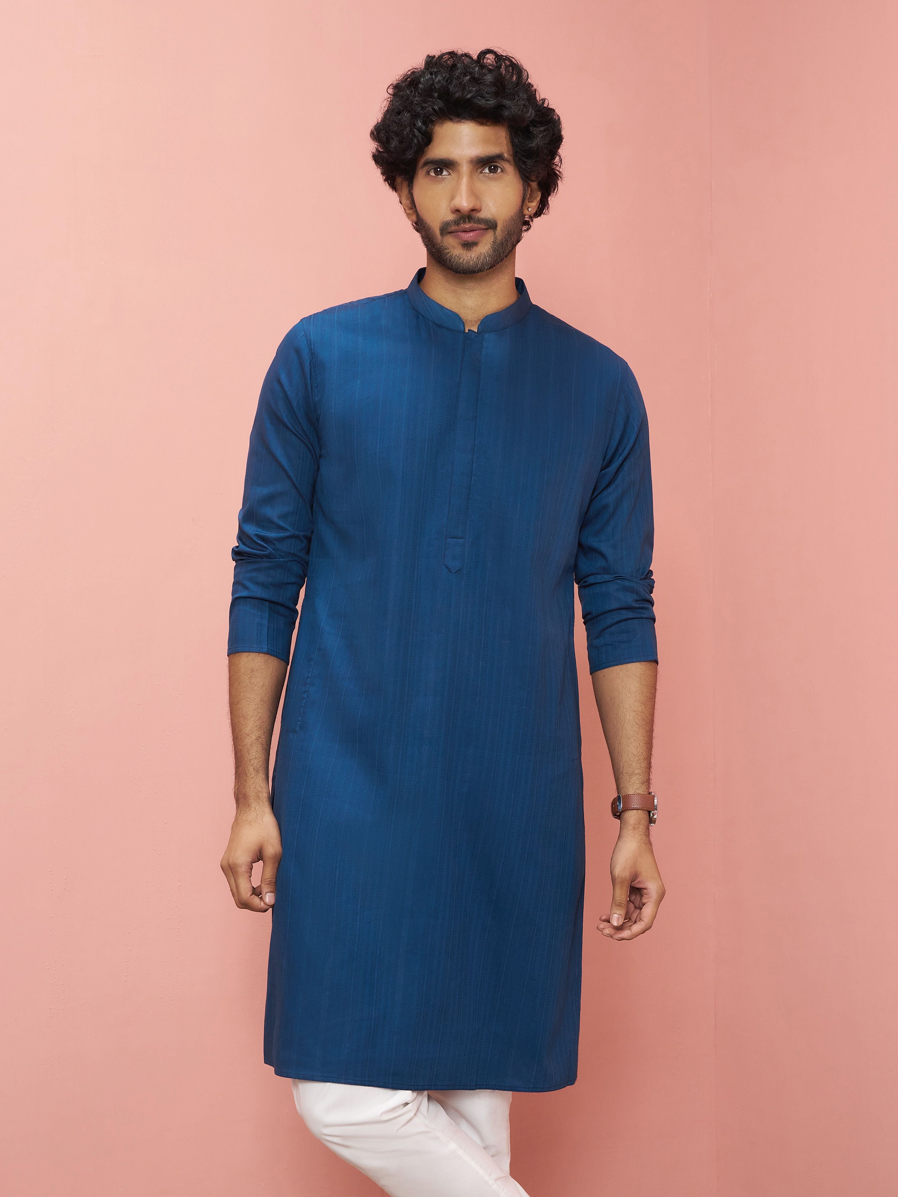 Men Blue Cotton Kurta Festive, Diwali Ethnic Wear