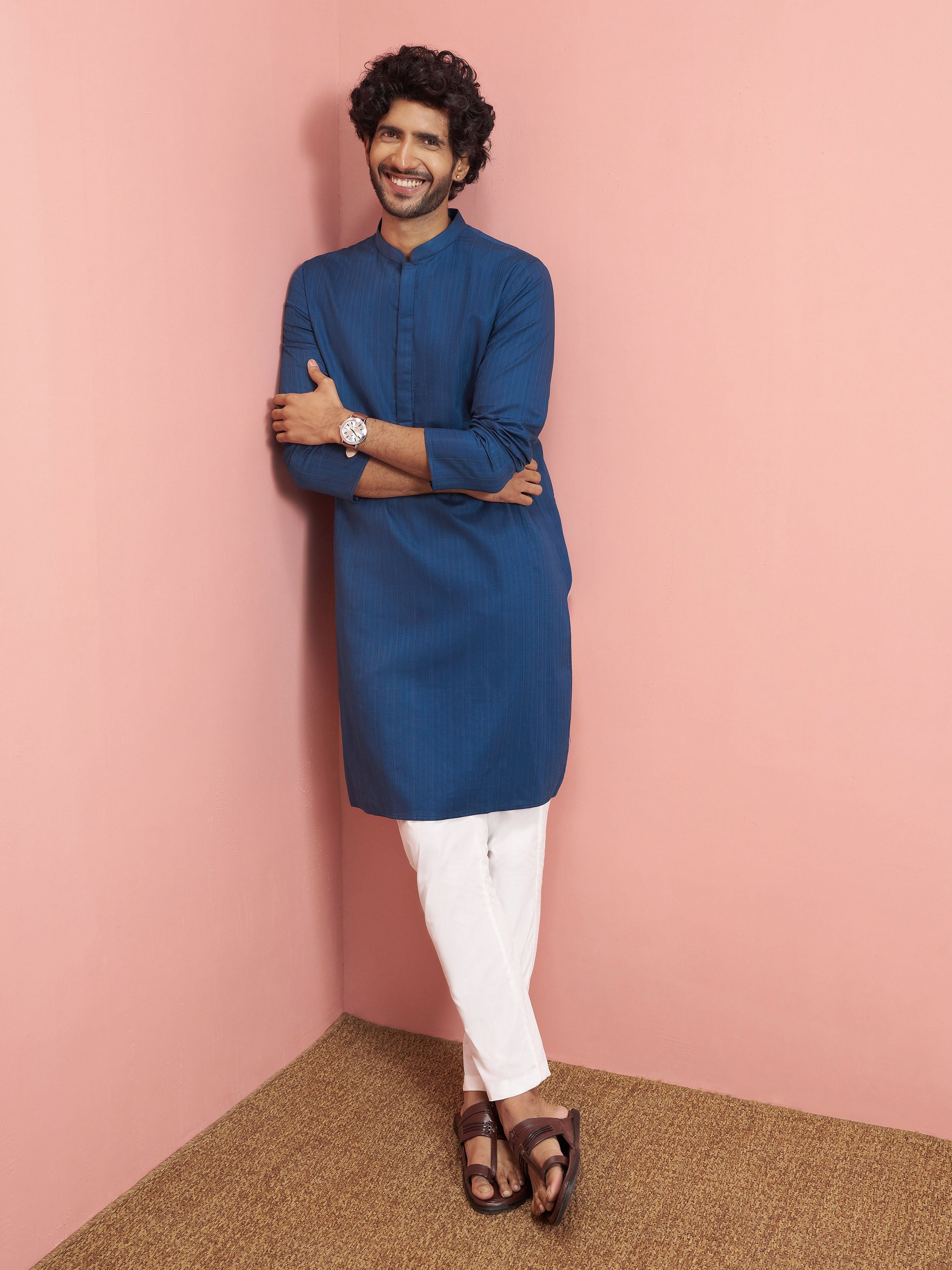 Men's Blue Cotton Self Design Knee Length Kurta
