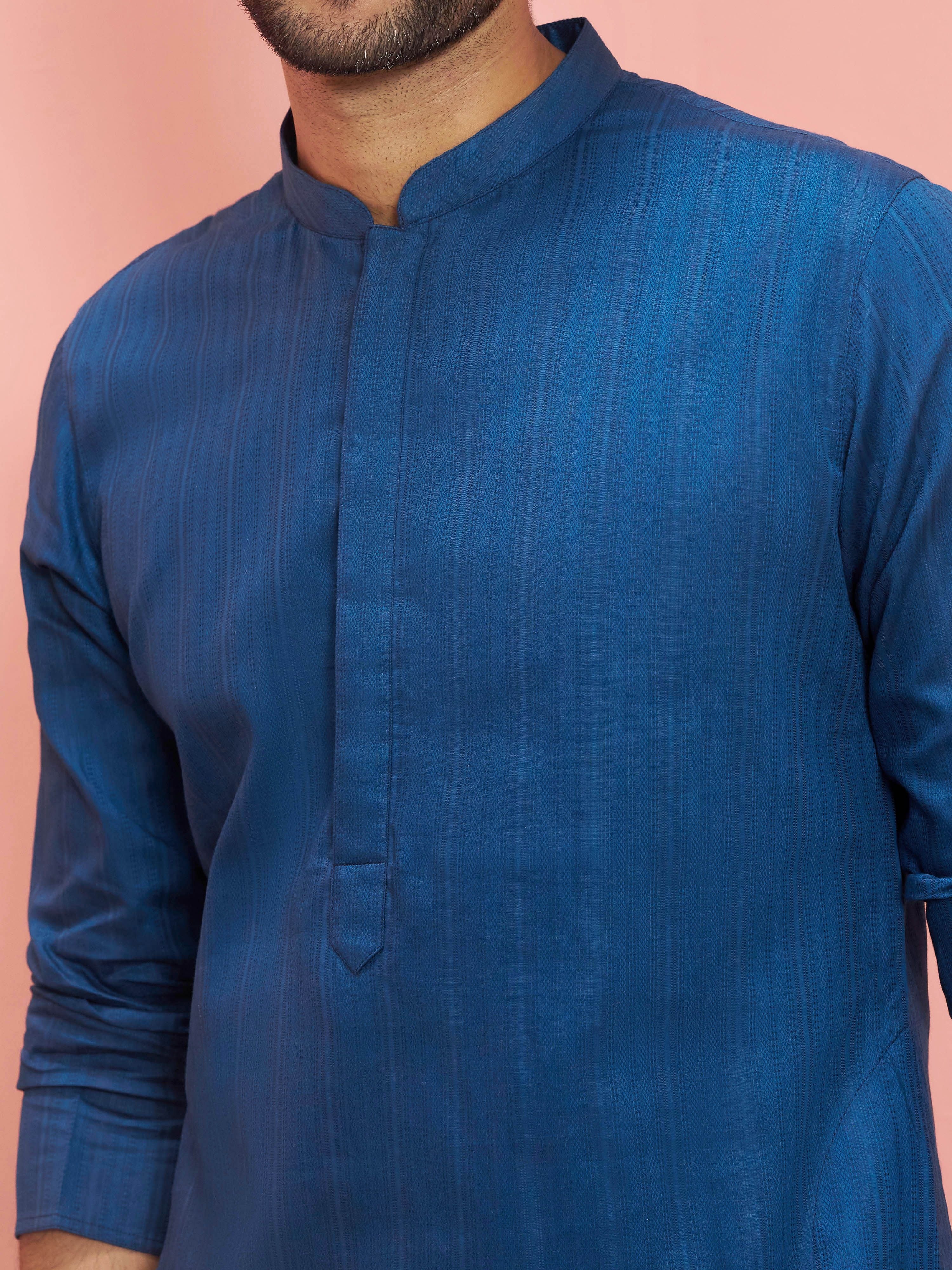Men's Blue Cotton Self Design Knee Length Kurta with Pyjama