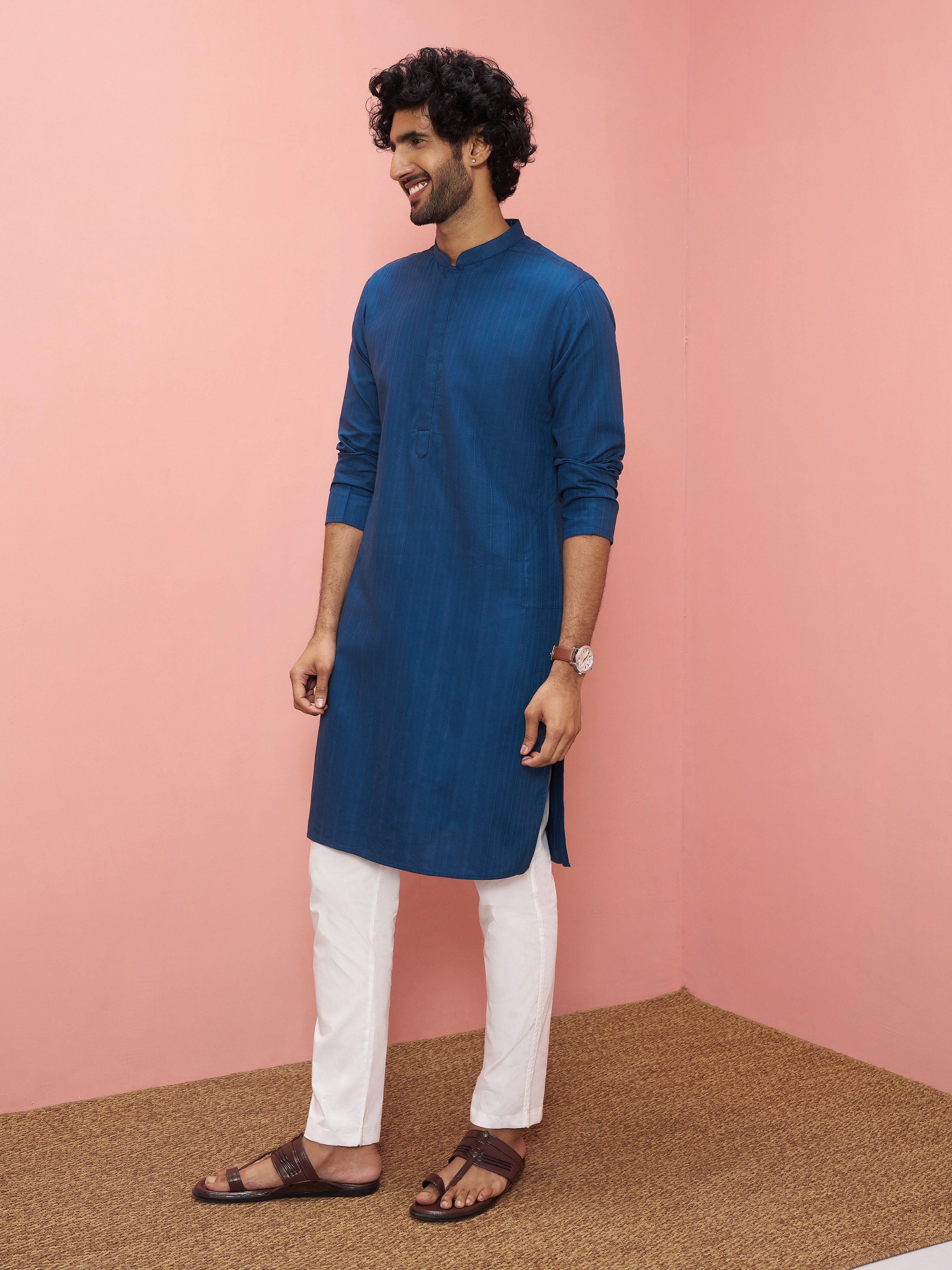 Men's Blue Cotton Self Design Knee Length Kurta with Pyjama