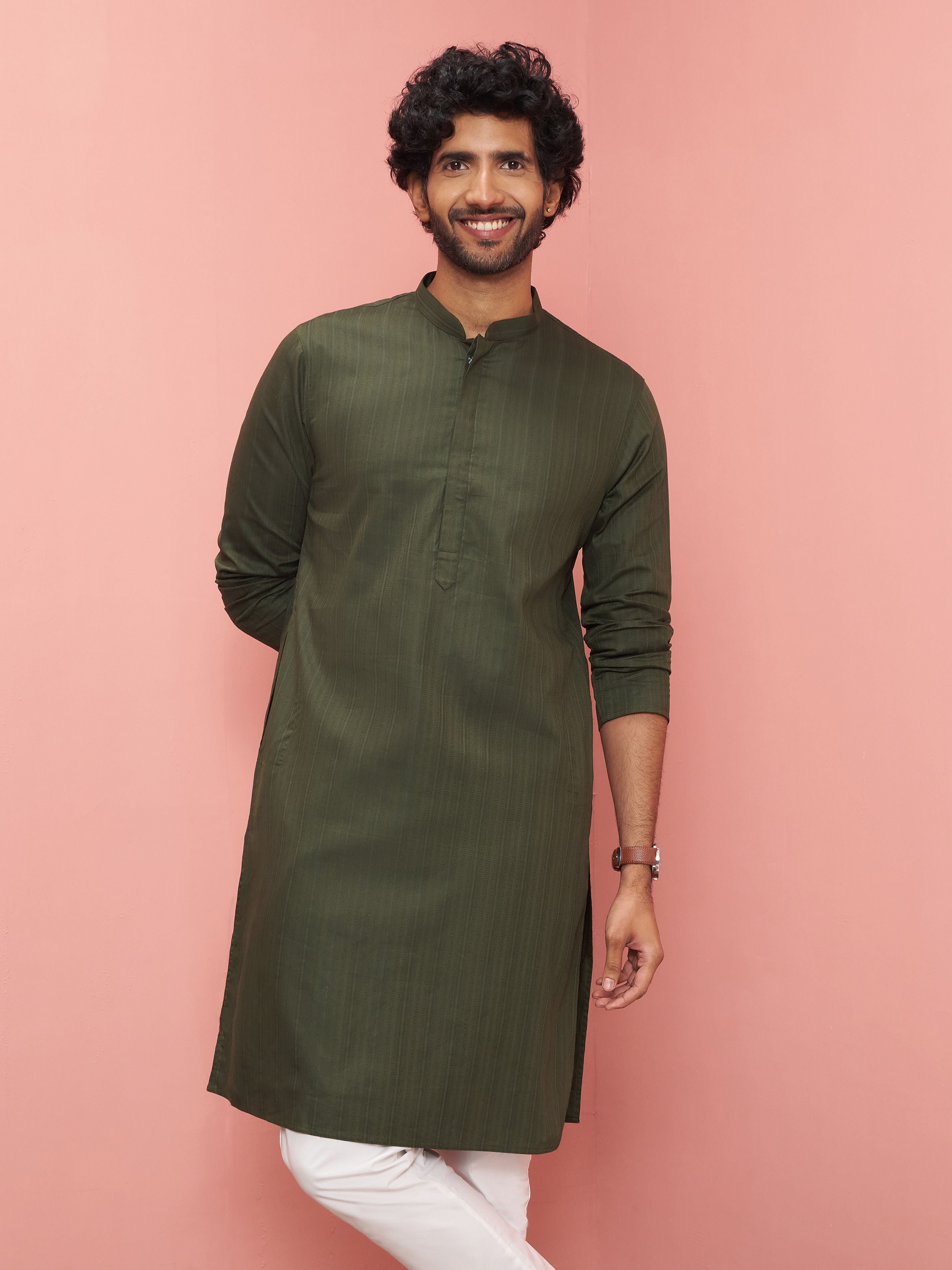 Men Olive Cotton Kurta Festive, Diwali Ethnic Wear