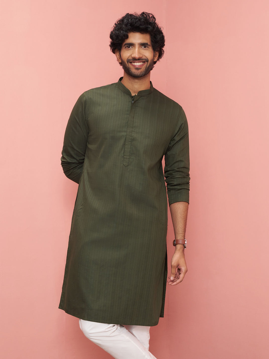 Men Olive Cotton Kurta Festive, Diwali Ethnic Wear