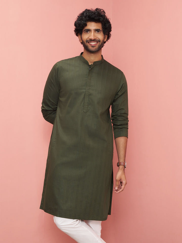 Men Olive Cotton Kurta Festive, Diwali Ethnic Wear