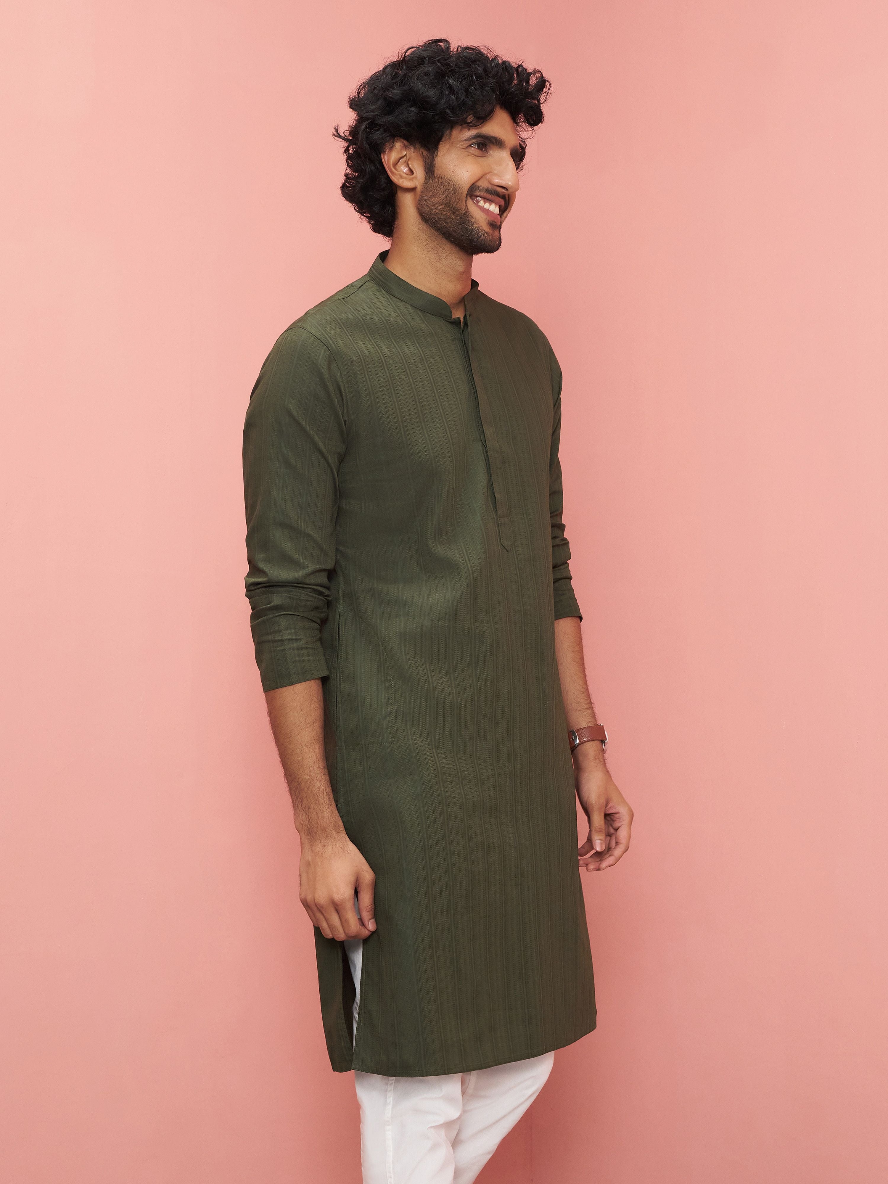 Men's Olive Cotton Self Design Knee Length Kurta