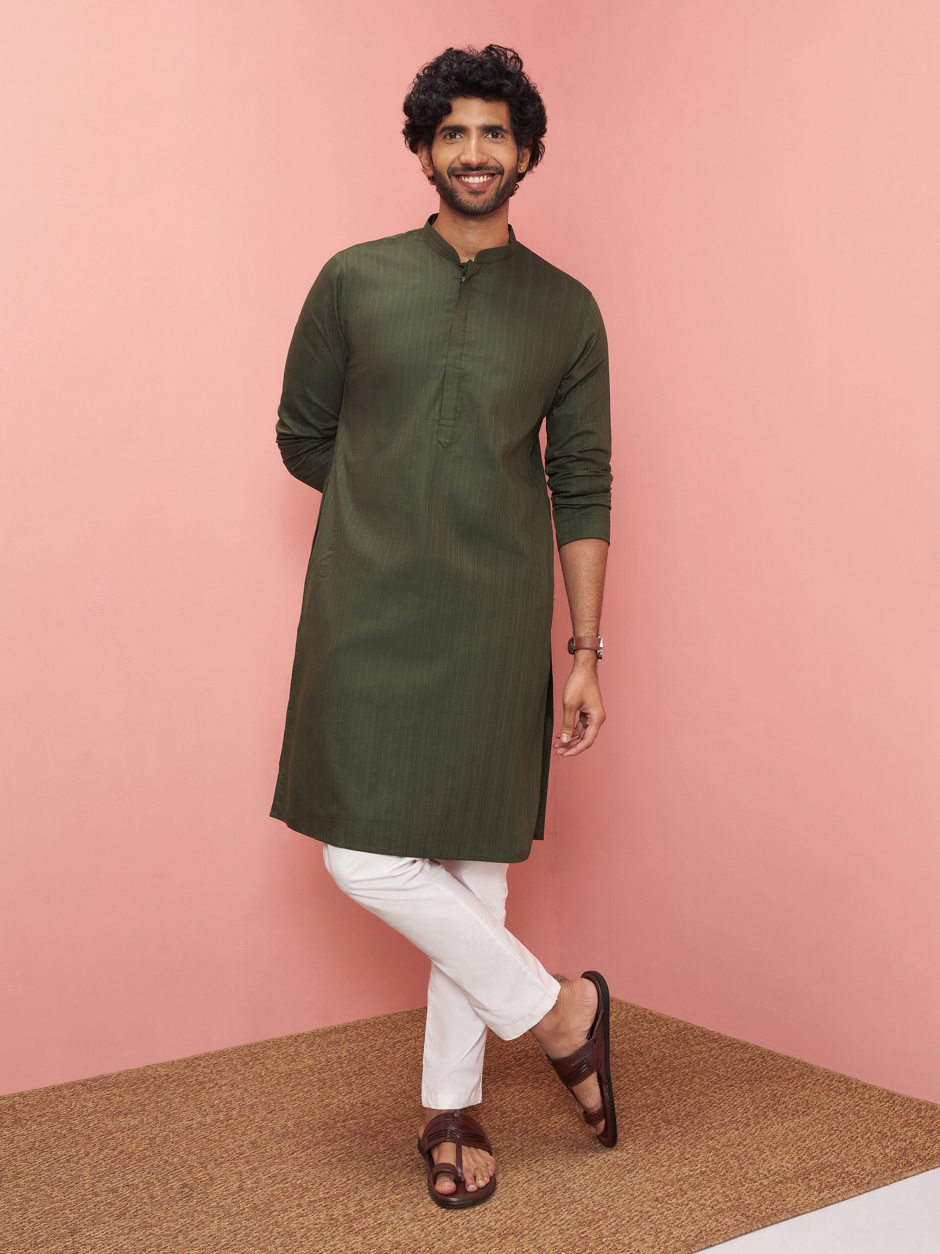 Men's Green Cotton Self Design Knee Length Kurta with Pyjama