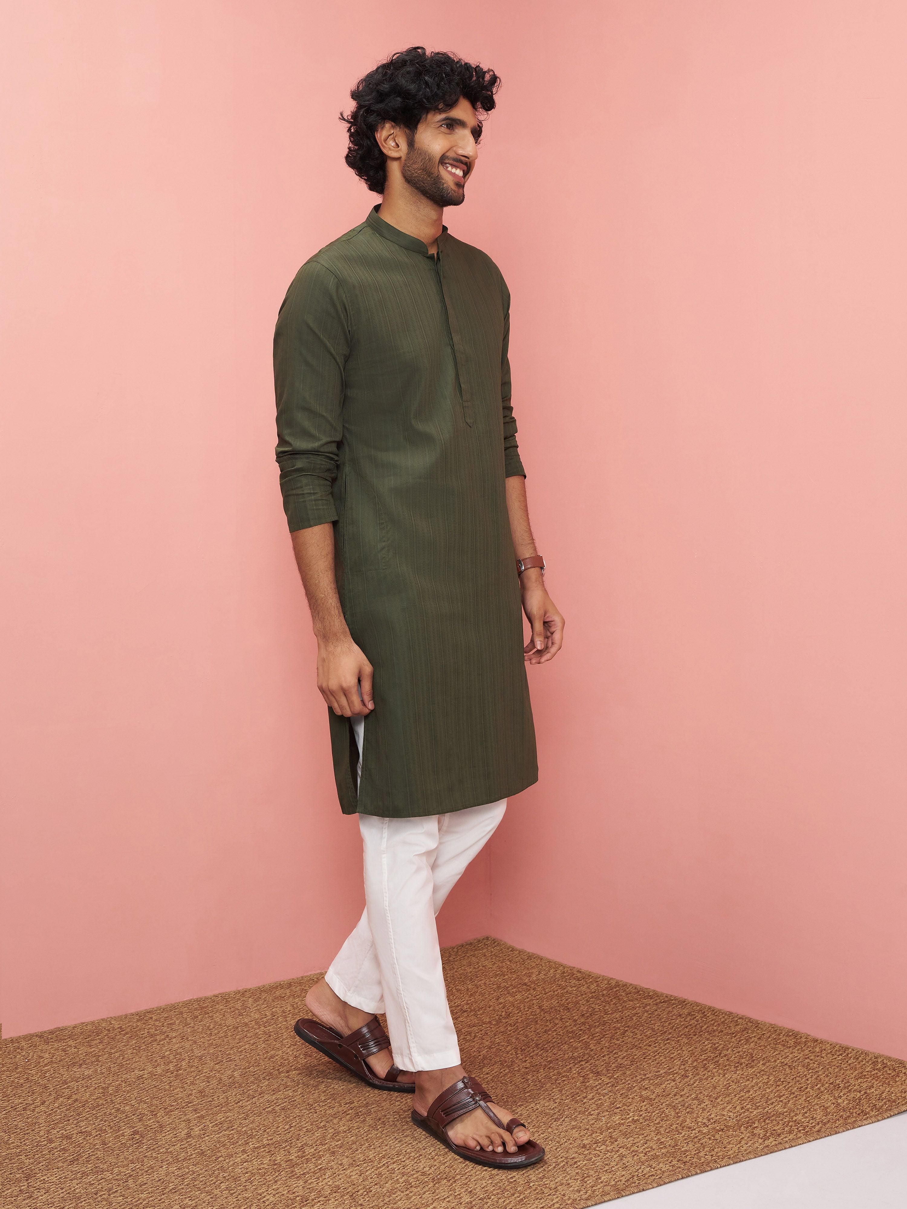 Men's Green Cotton Self Design Knee Length Kurta with Pyjama