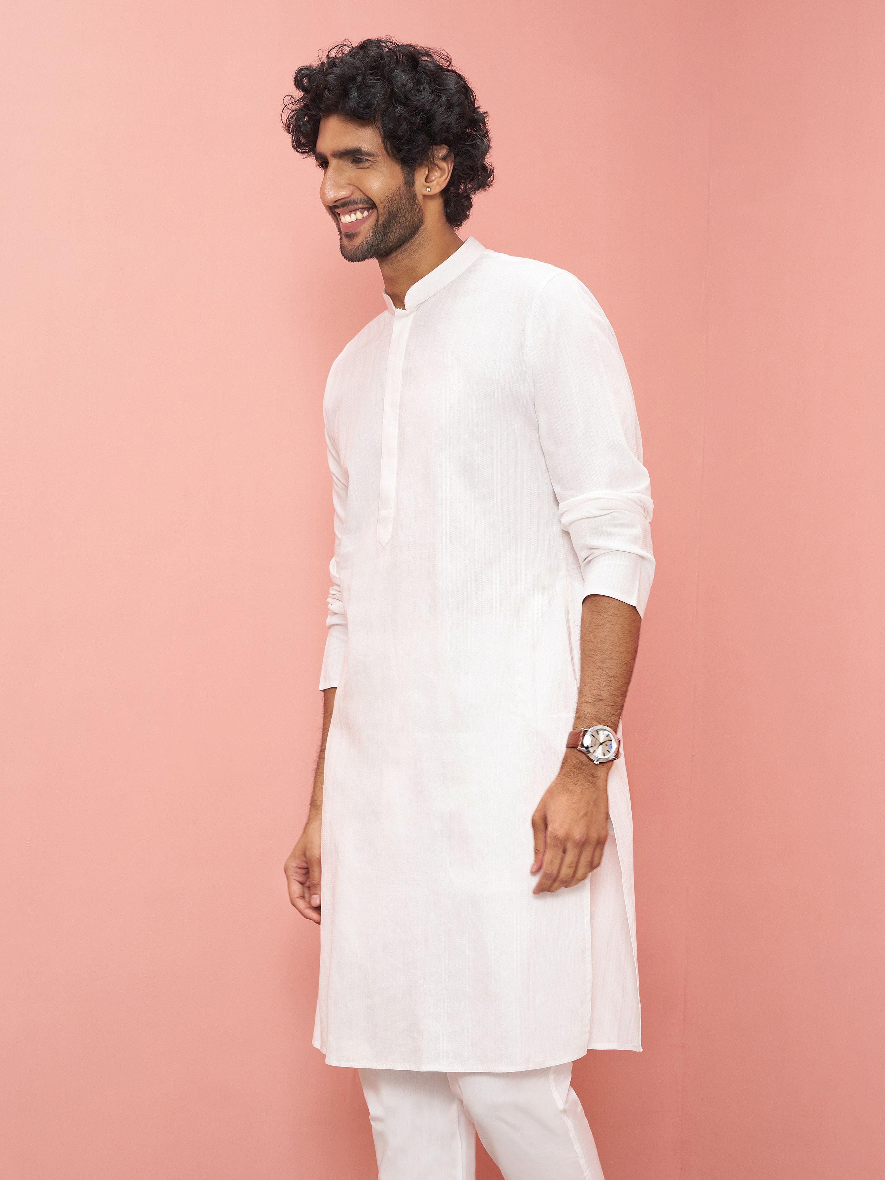 Men's White Cotton Self Design Knee Length Kurta