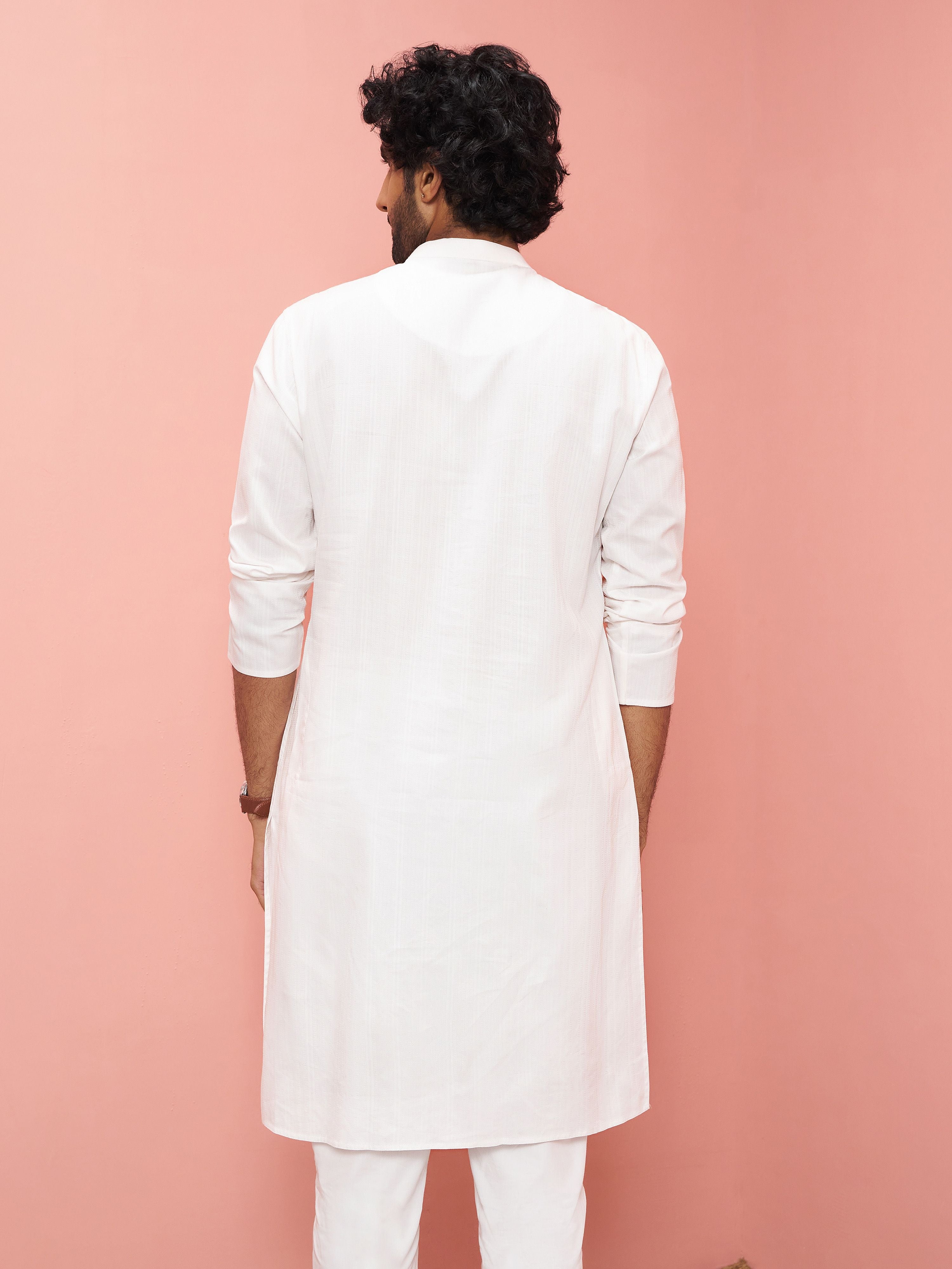 Men's White Cotton Self Design Knee Length Kurta