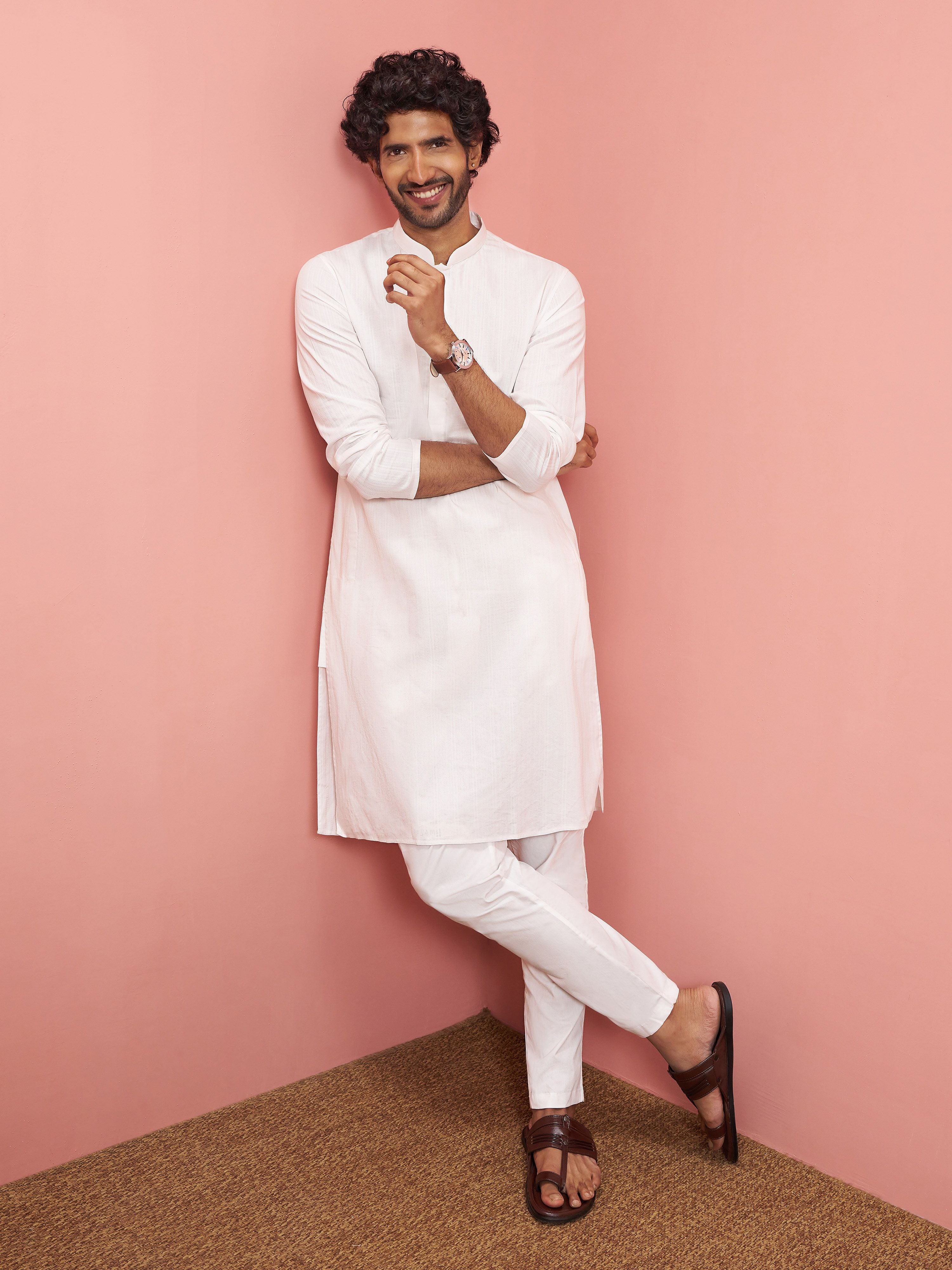 Men's White Cotton Self Design Knee Length Kurta
