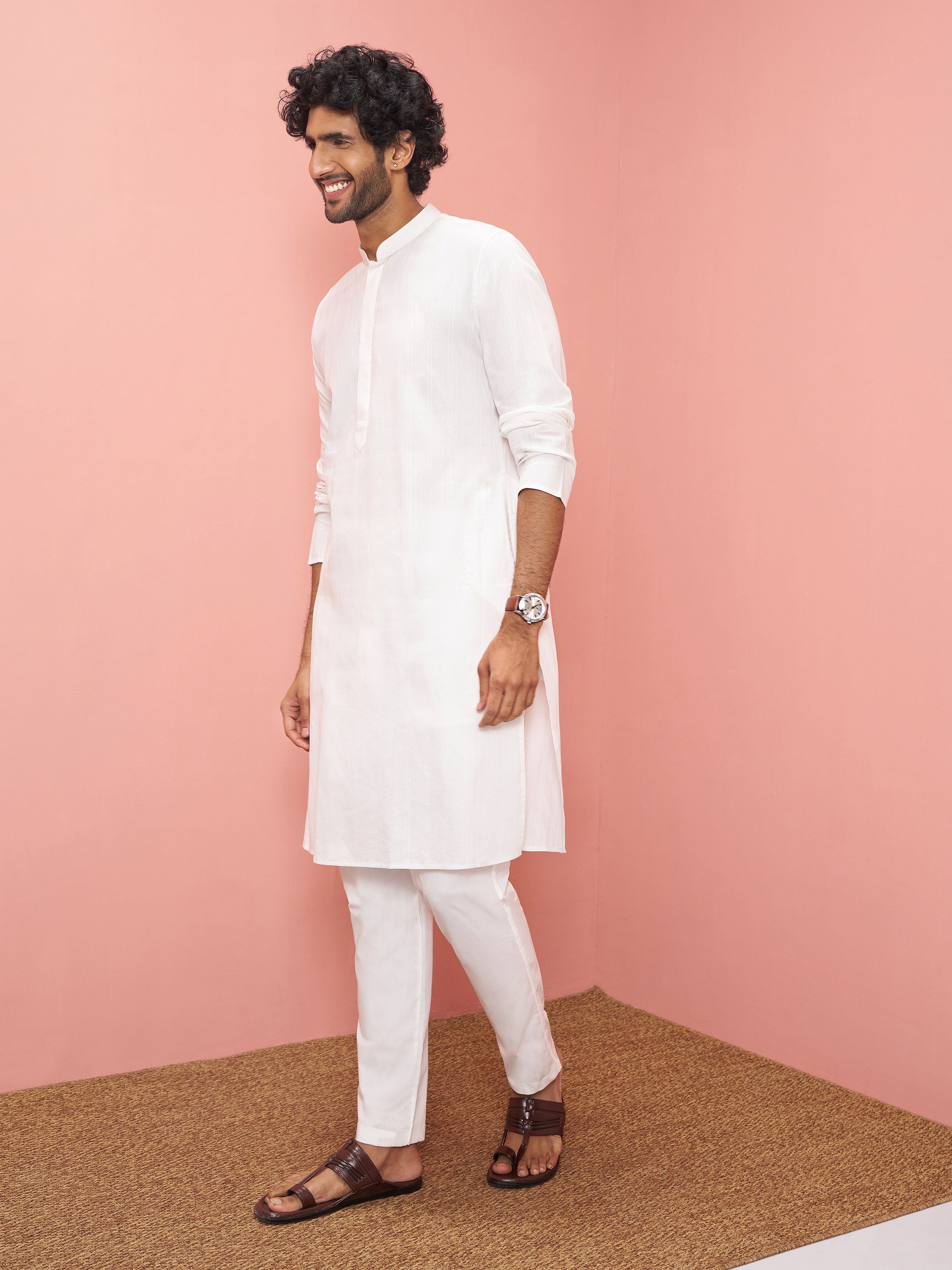 Men's White Cotton Self Design Knee Length Kurta with Pyjama