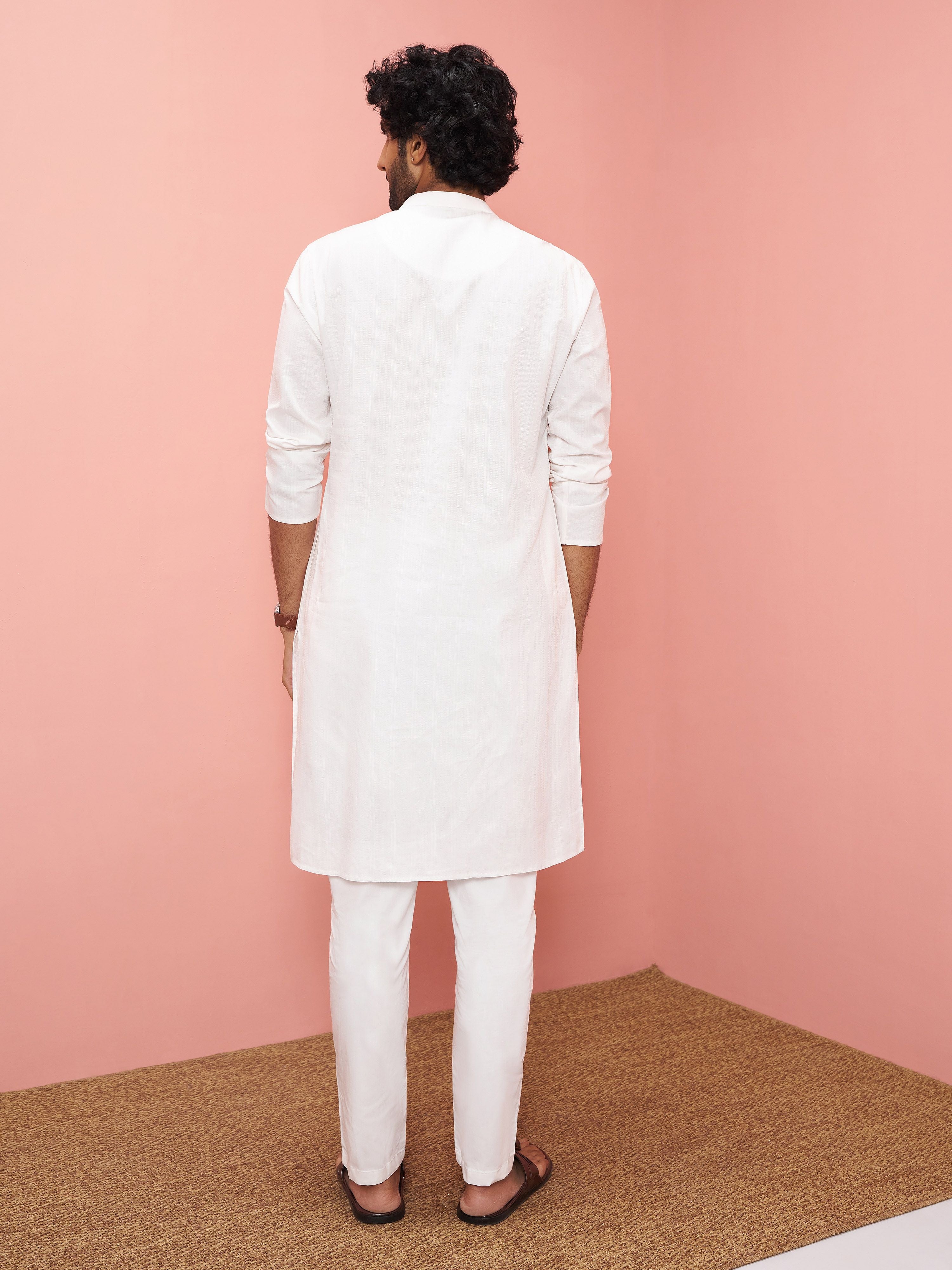 Men's White Cotton Self Design Knee Length Kurta with Pyjama