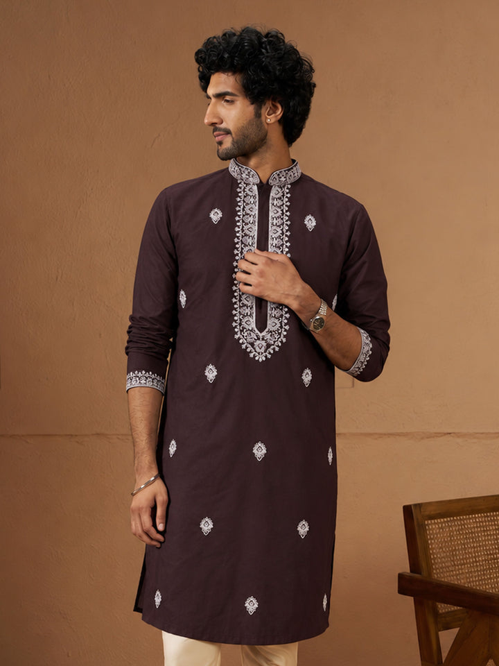 Men Wine Silk Kurta Festive, Diwali Ethnic Wear