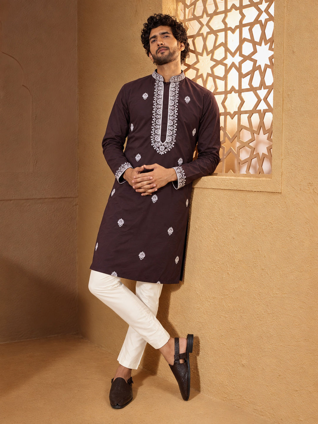 Men Wine Silk Kurta with Pyjama Festive, Diwali Ethnic Wear