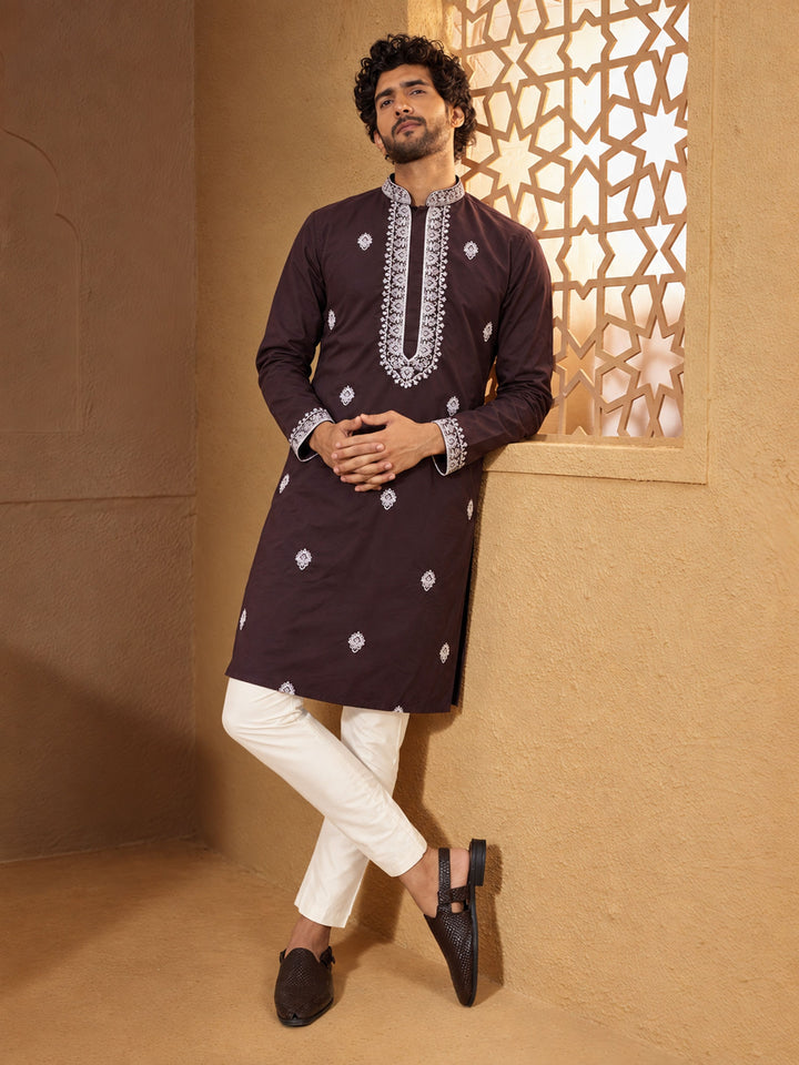 Men Wine Silk Kurta with Pyjama Festive, Diwali Ethnic Wear