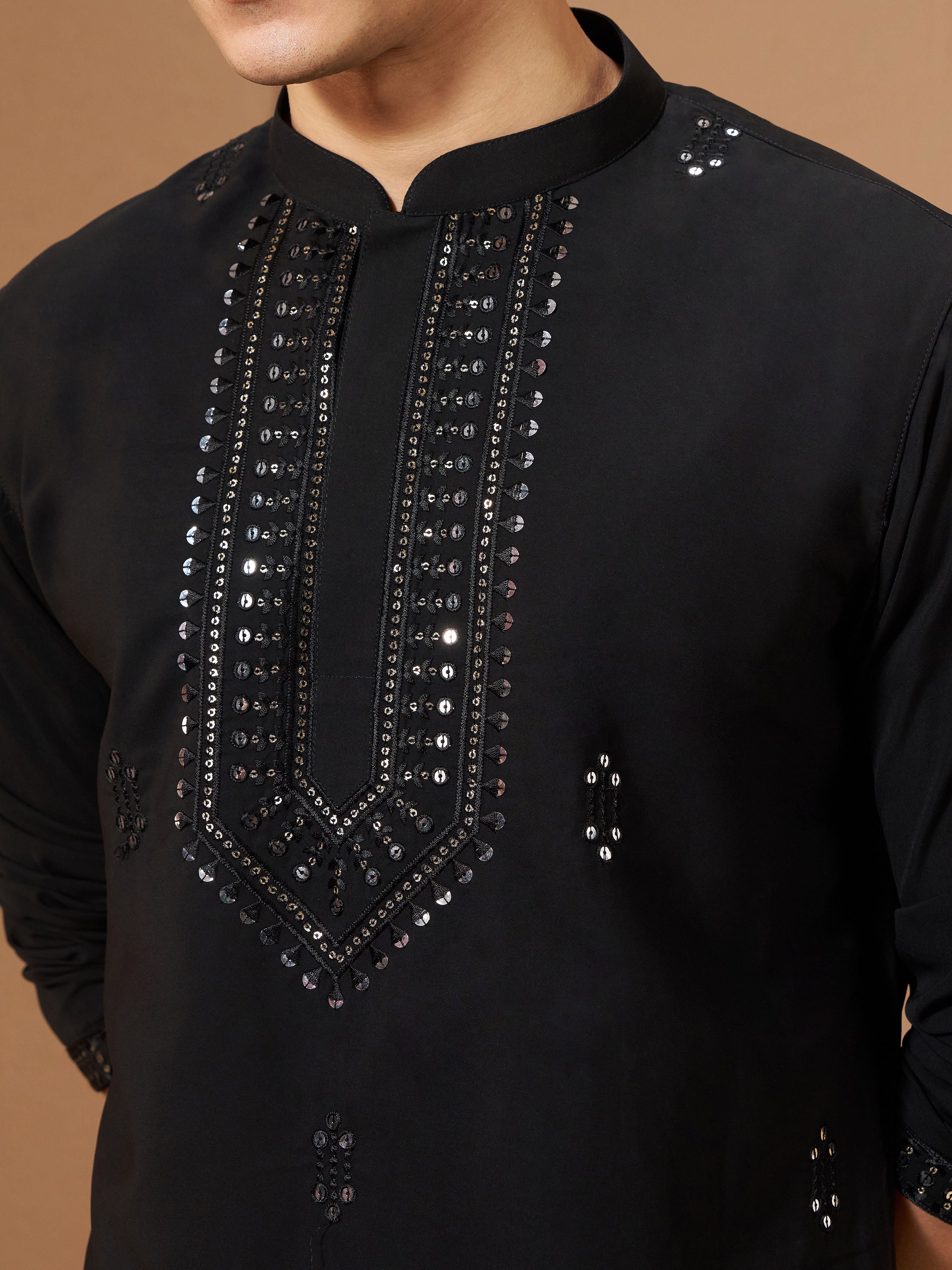 Men's Black Silk Embellished Knee Length Kurta