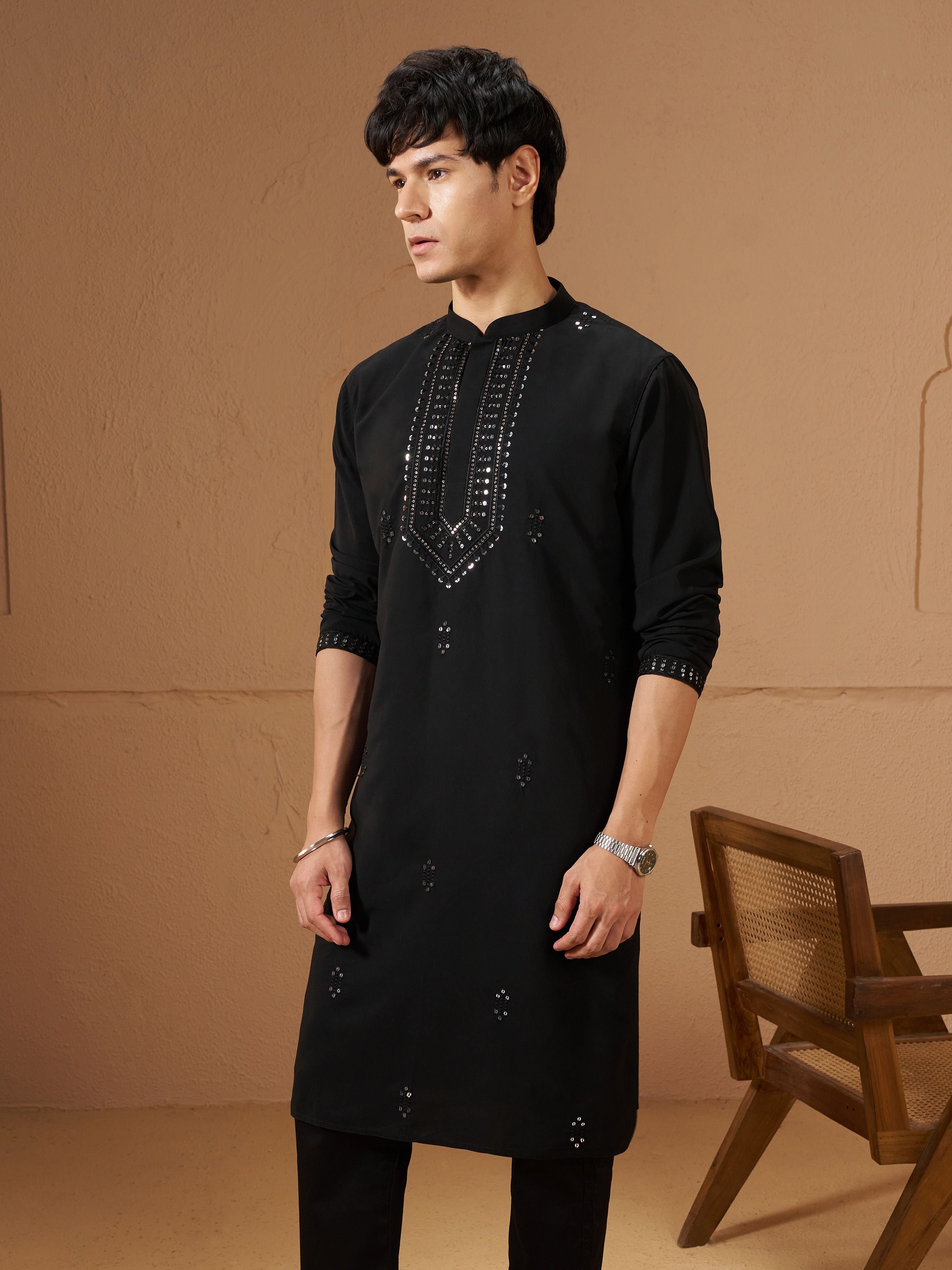 Men's Black Silk Embellished Knee Length Kurta