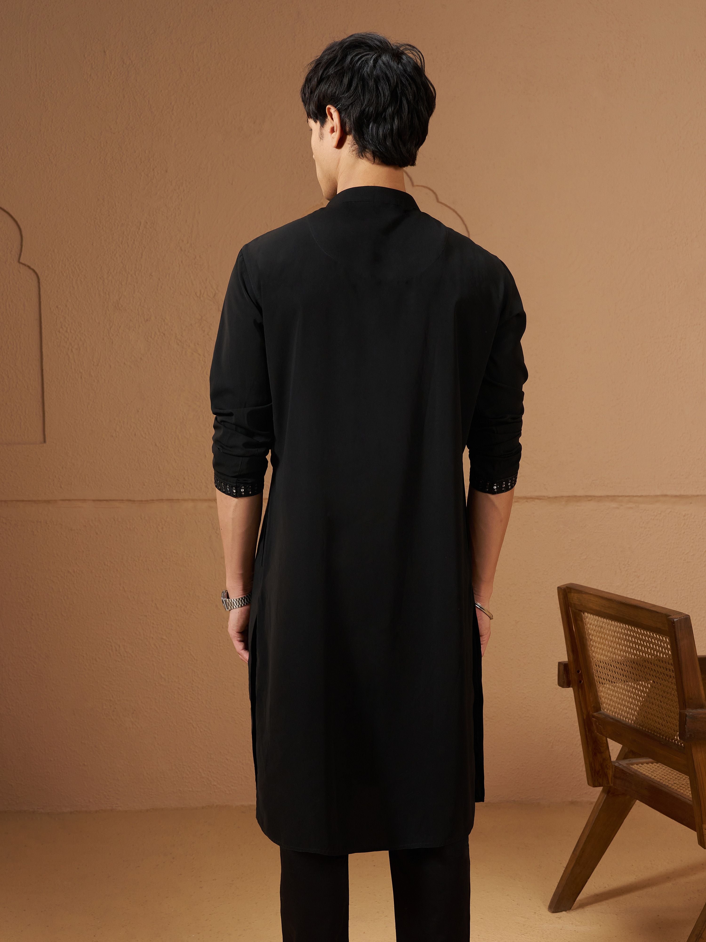 Men's Black Silk Embellished Knee Length Kurta