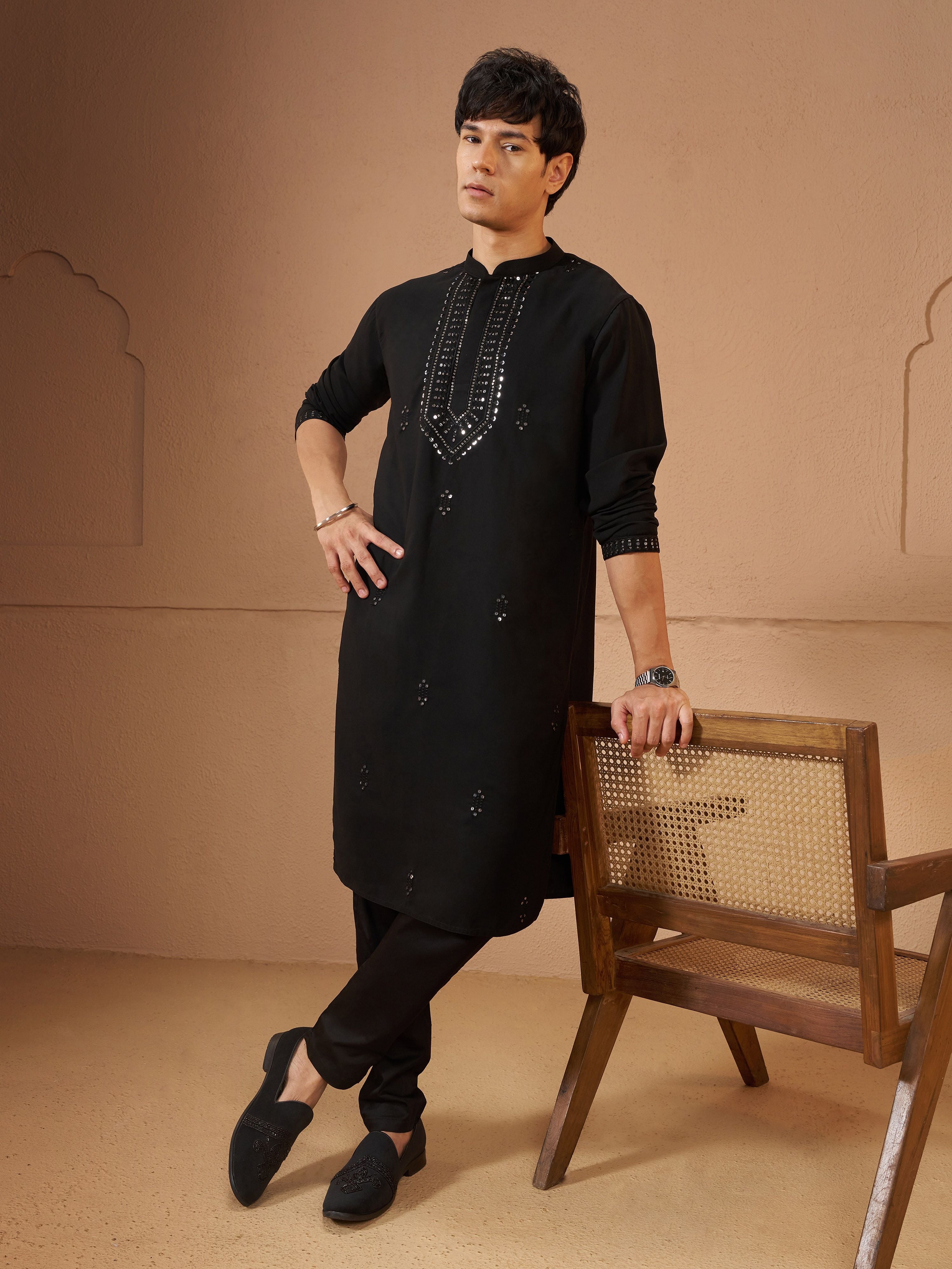Men Black Silk Kurta with Trouser Festive, Diwali Ethnic Wear
