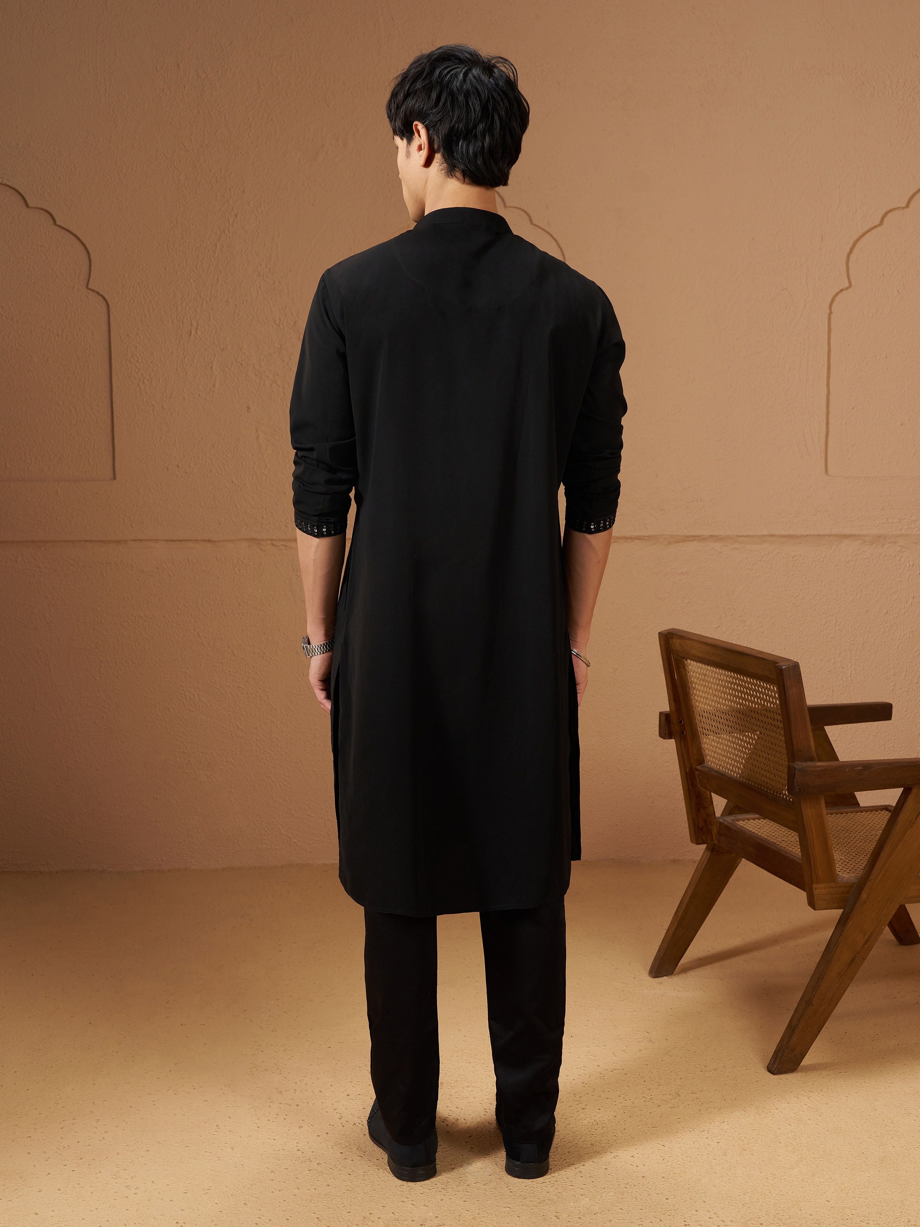 Men's Black Silk Embellished Knee Length Kurta with Trouser