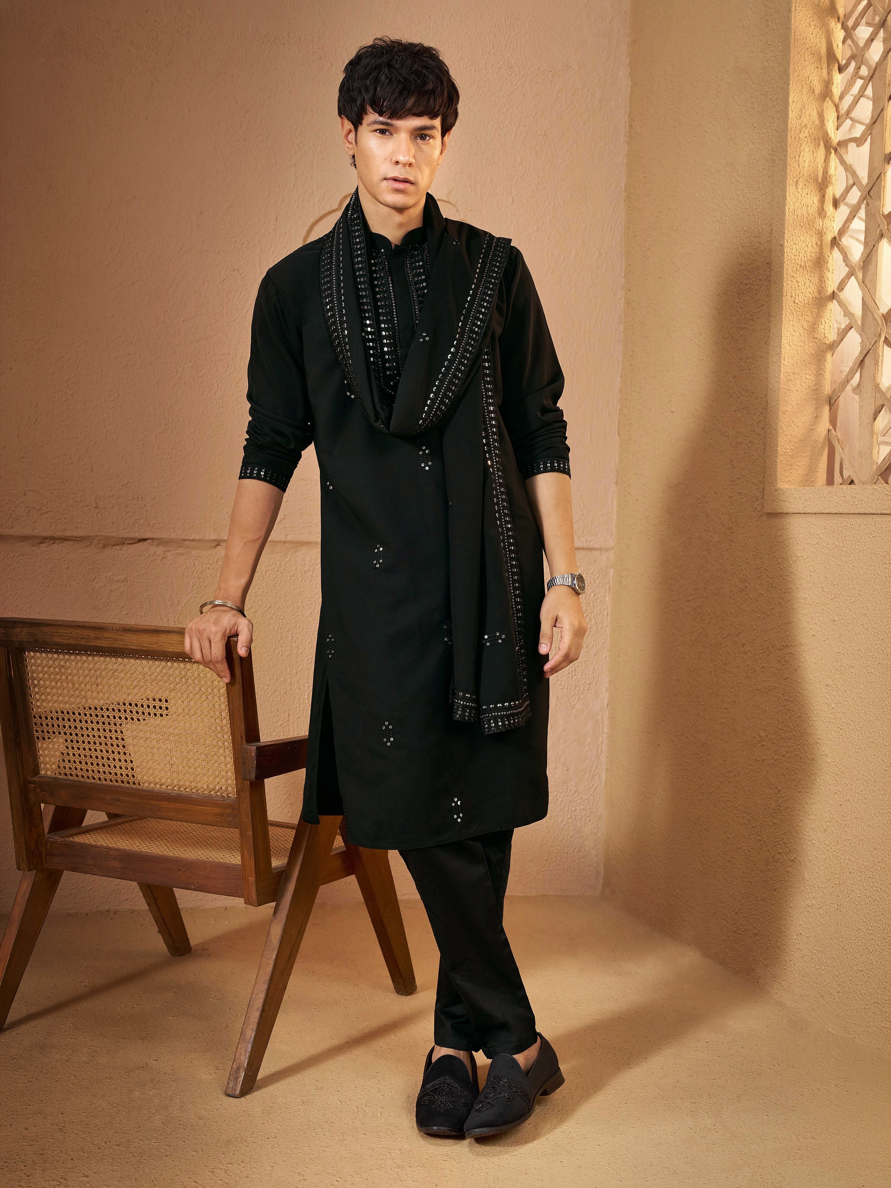 Men Black Silk Kurta and Trouser with Embroidered Dupatta Festive, Diwali Ethnic Wear