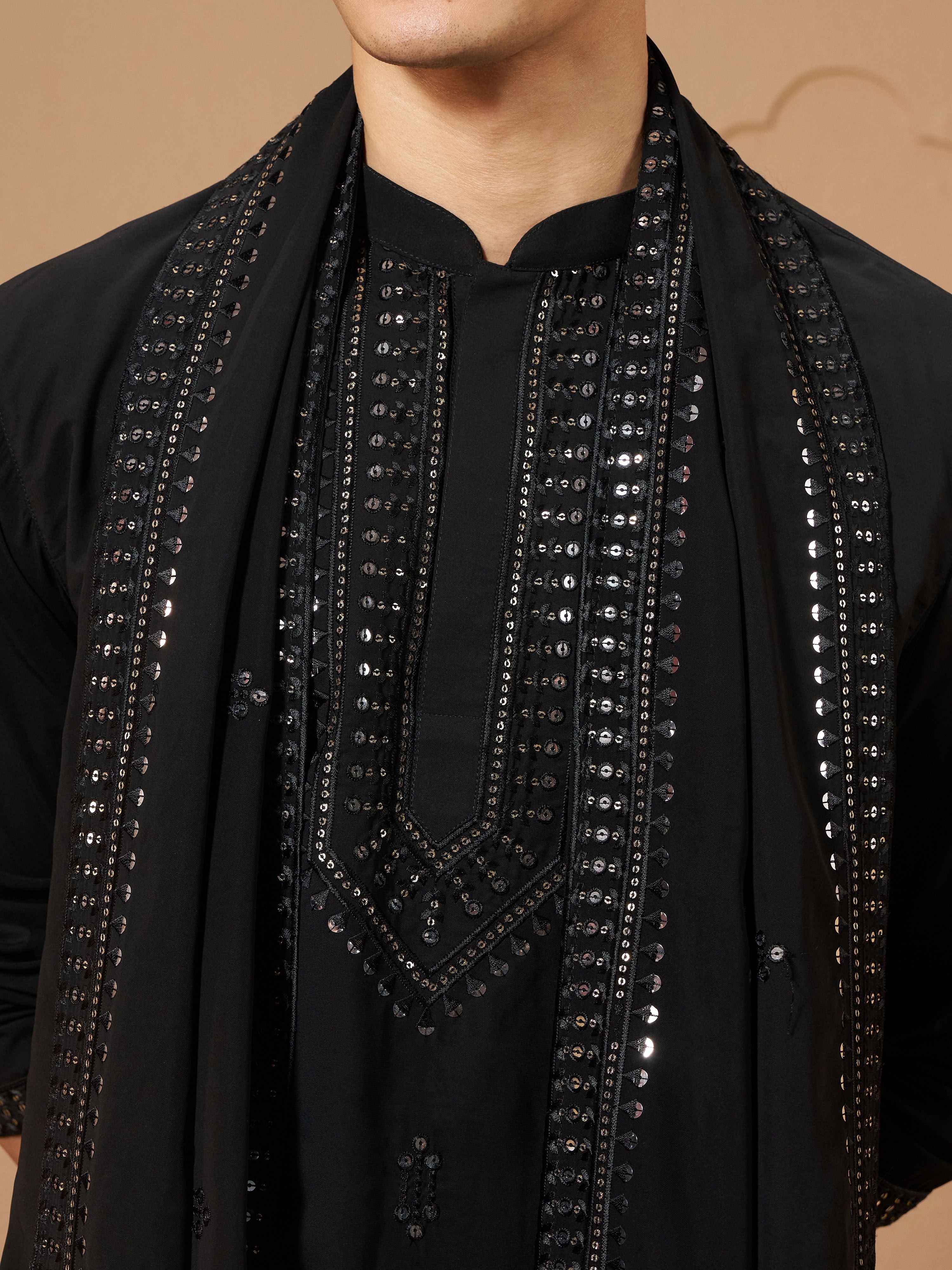 Men's Black Silk Embroidered Knee Length Kurta and Trouser with Embroidered Dupatta