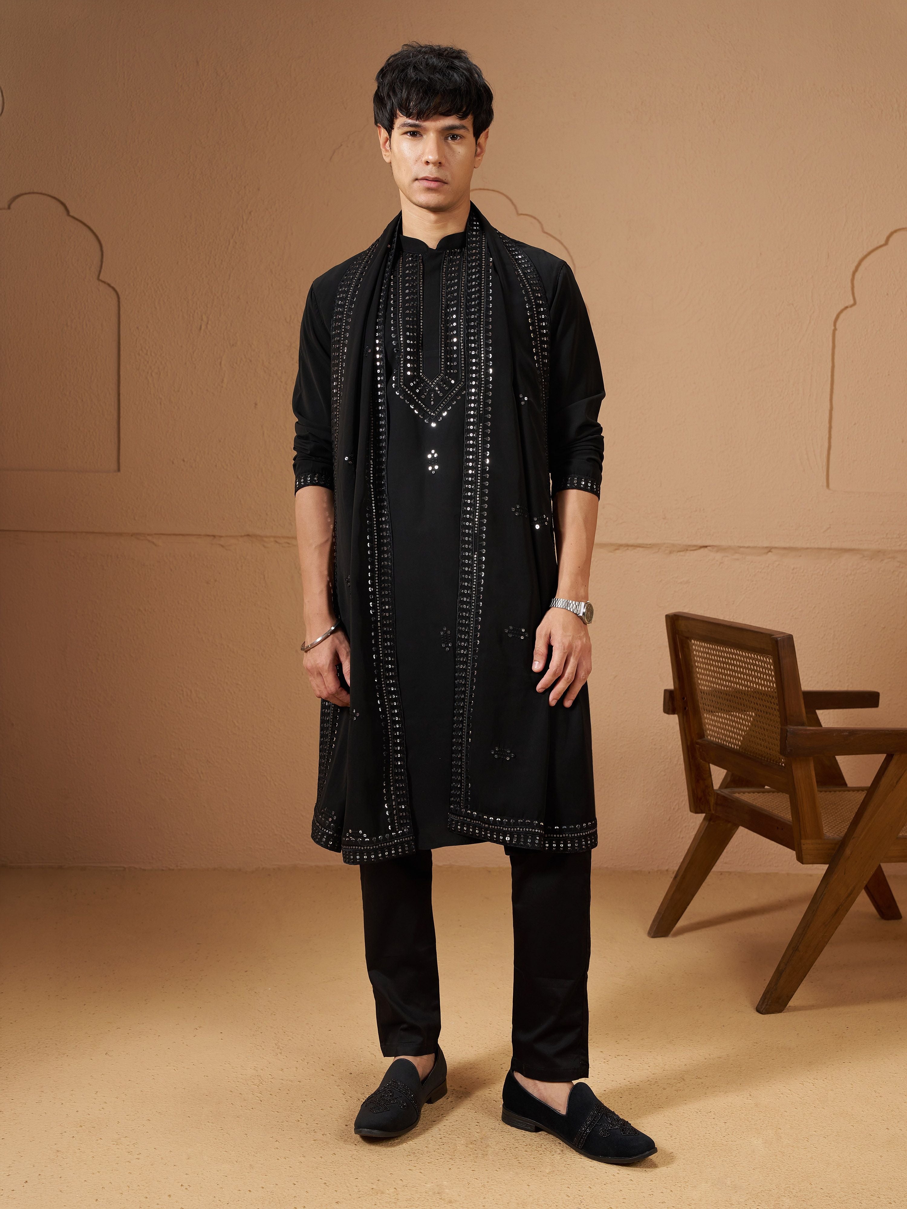 Men's Black Silk Embroidered Knee Length Kurta and Trouser with Embroidered Dupatta