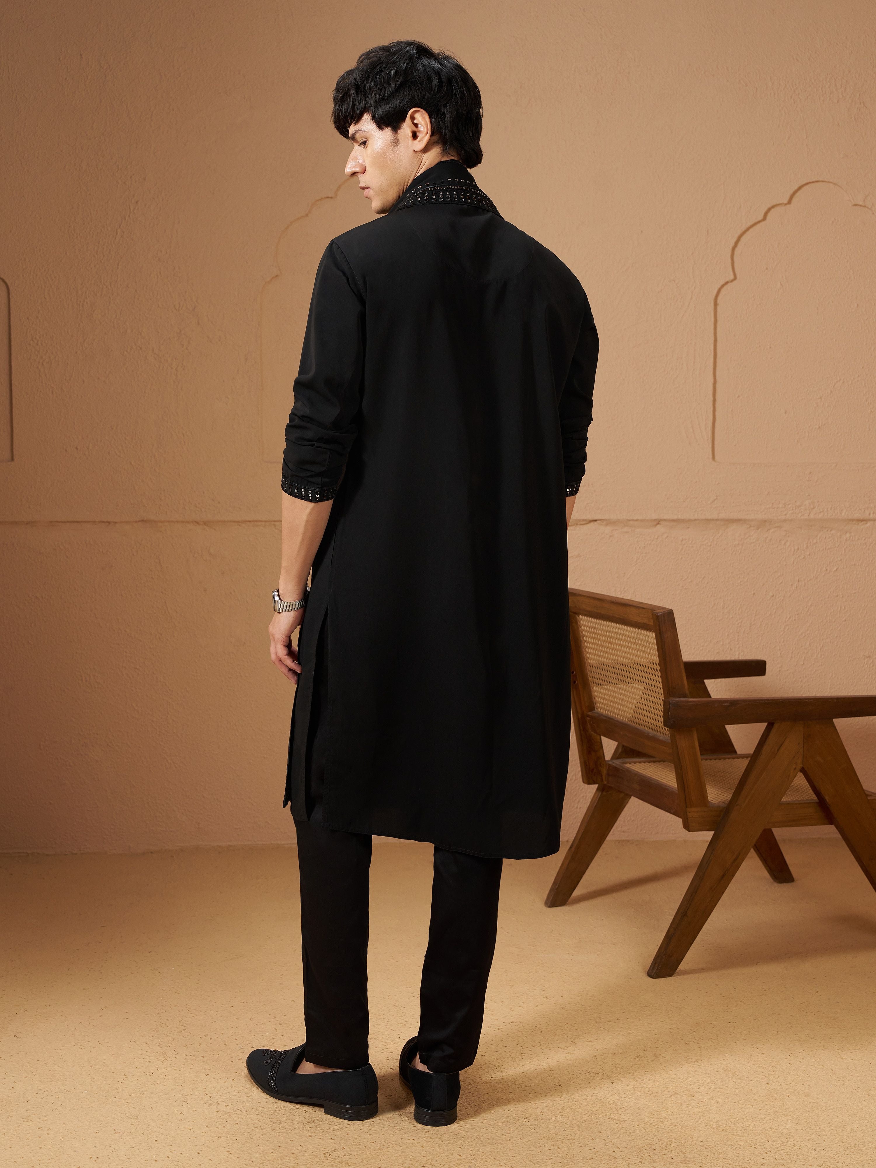 Men's Black Silk Embroidered Knee Length Kurta and Trouser with Embroidered Dupatta