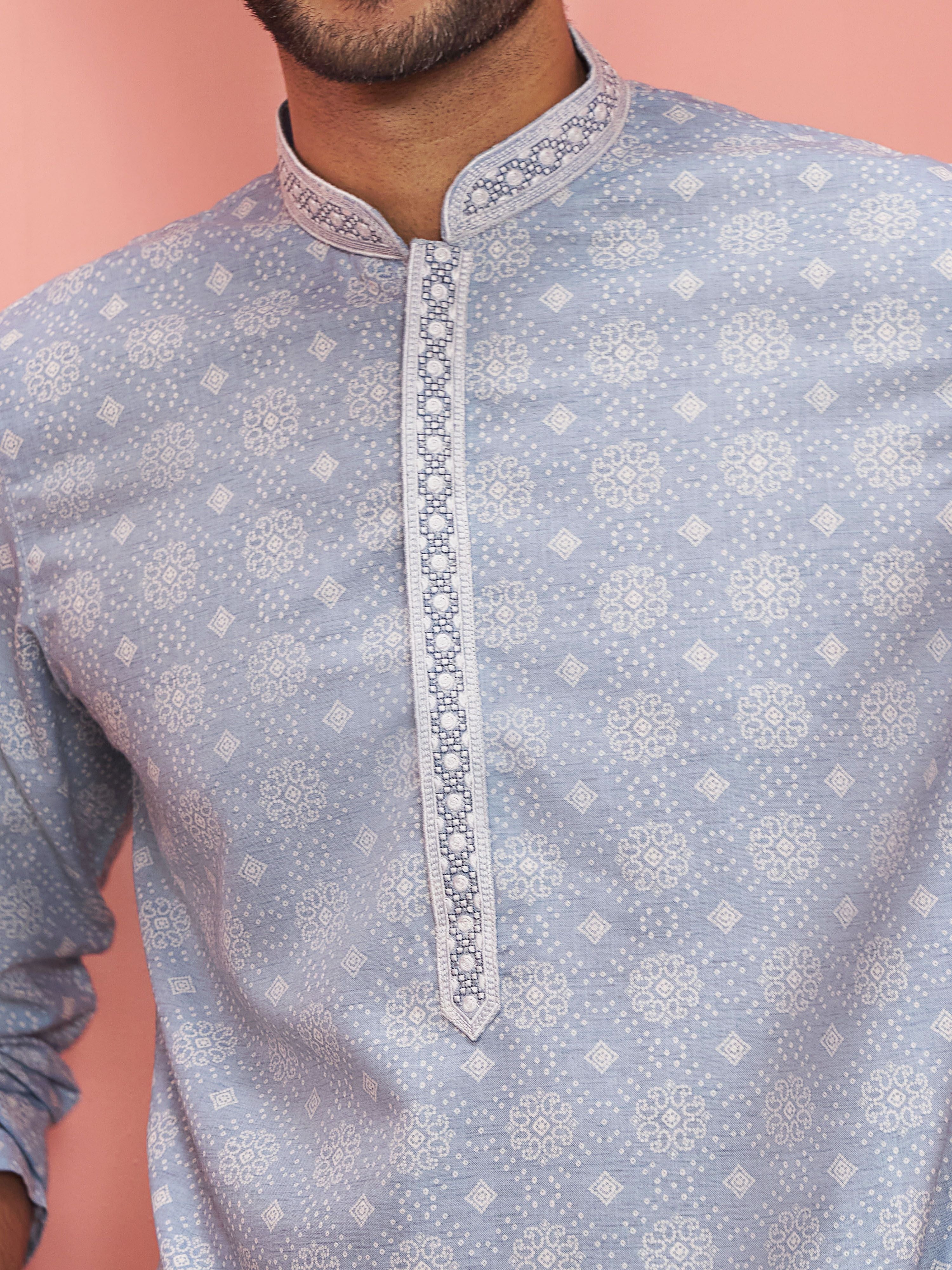 Men's Grey Cotton-Linen Digital Print Knee Length Kurta