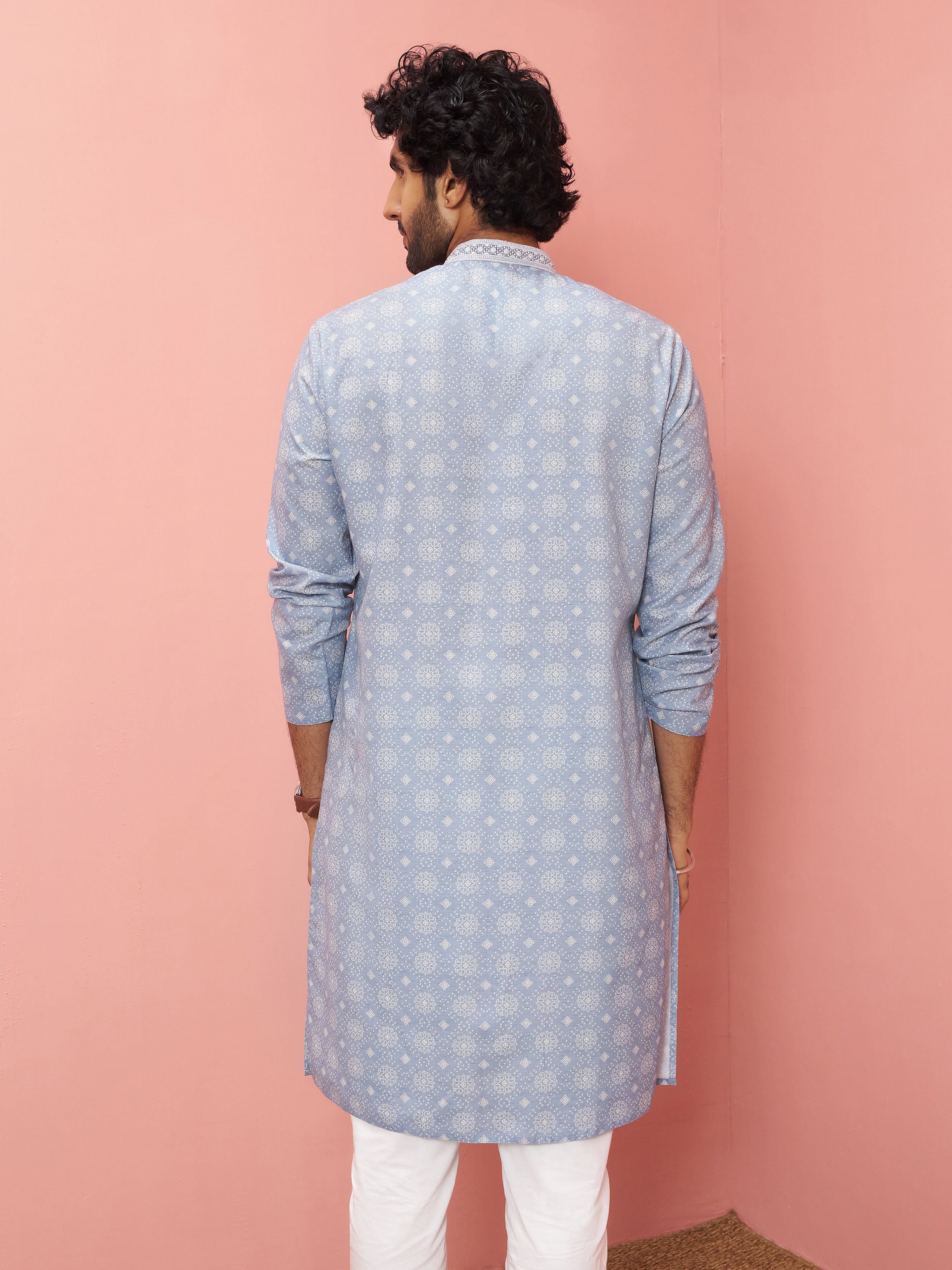 Men's Grey Cotton-Linen Digital Print Knee Length Kurta